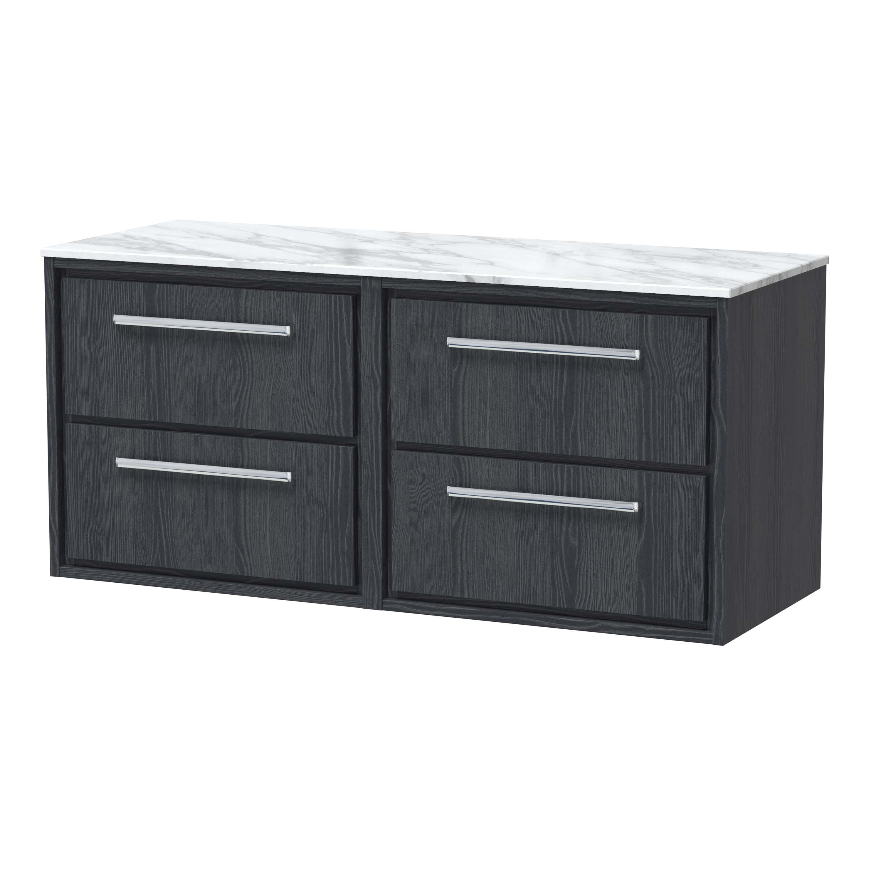 Sleek black bathroom vanity unit with four drawers and a marble top, ideal for modern bathroom storage solutions. Durable and stylish design from Bubly Bathrooms.