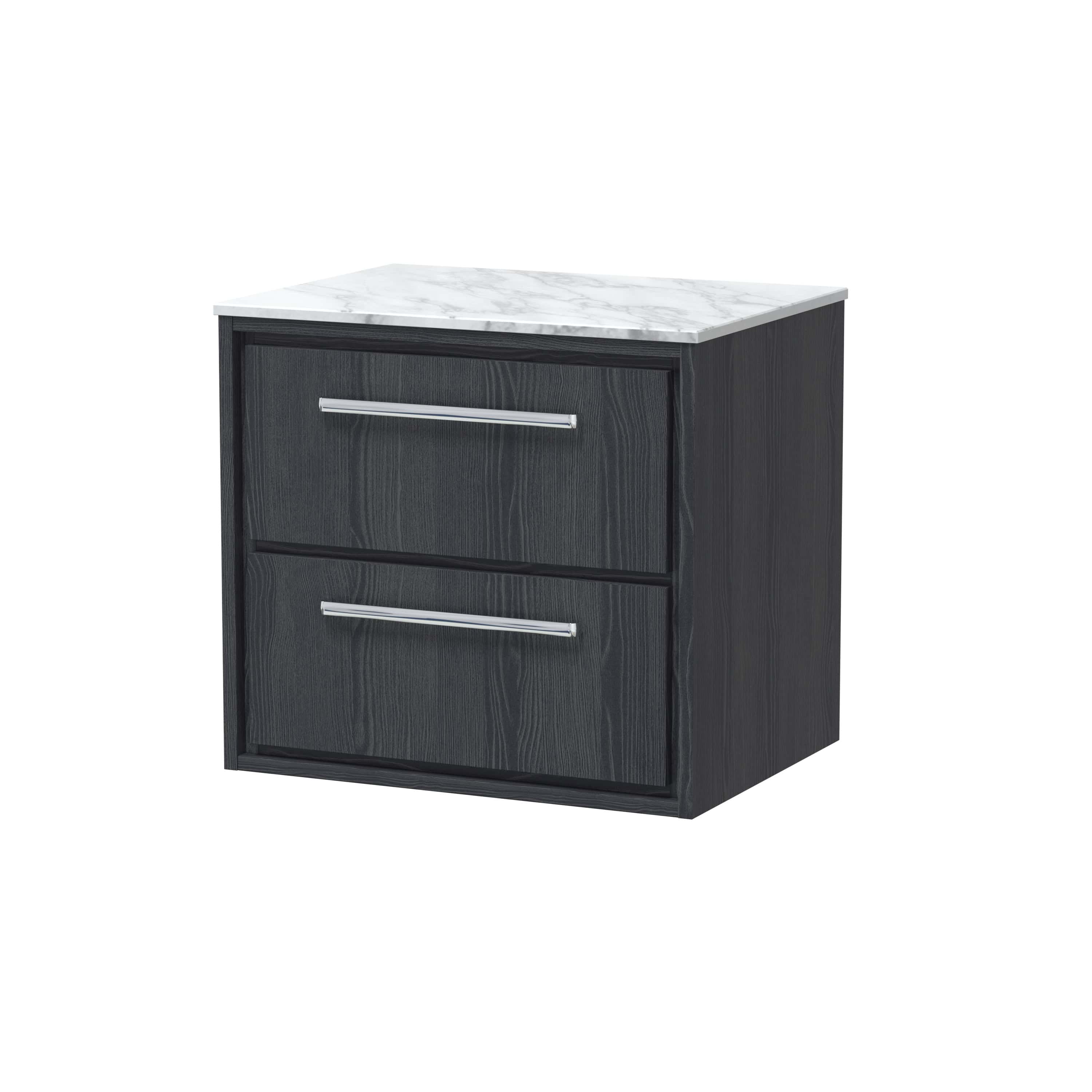 Modern black bathroom vanity unit with a sleek marble top and silver handles, perfect for contemporary bathroom designs. Durable, stylish, and functional storage solution.