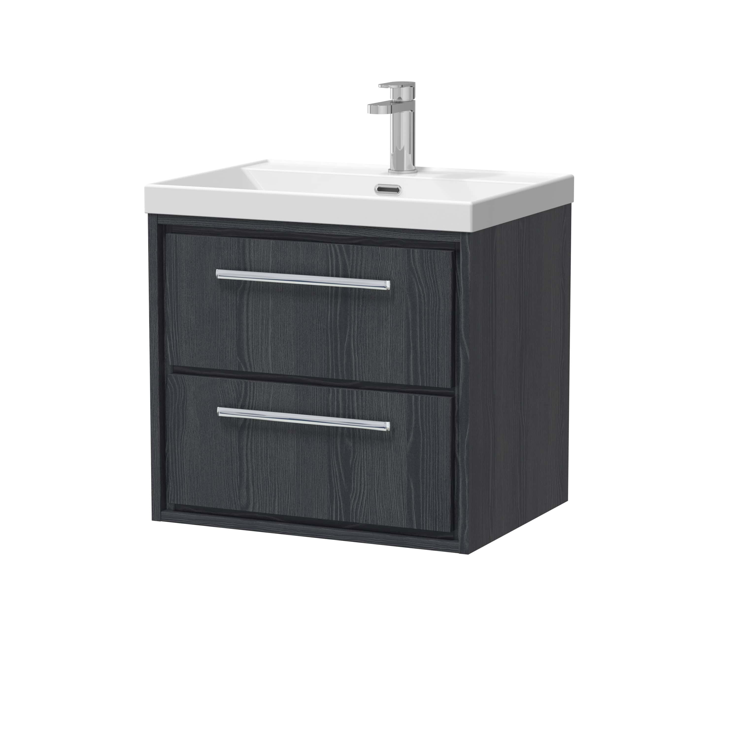 Modern black bathroom vanity unit with a white ceramic sink and sleek chrome handles, perfect for stylish bathroom storage and organisation.