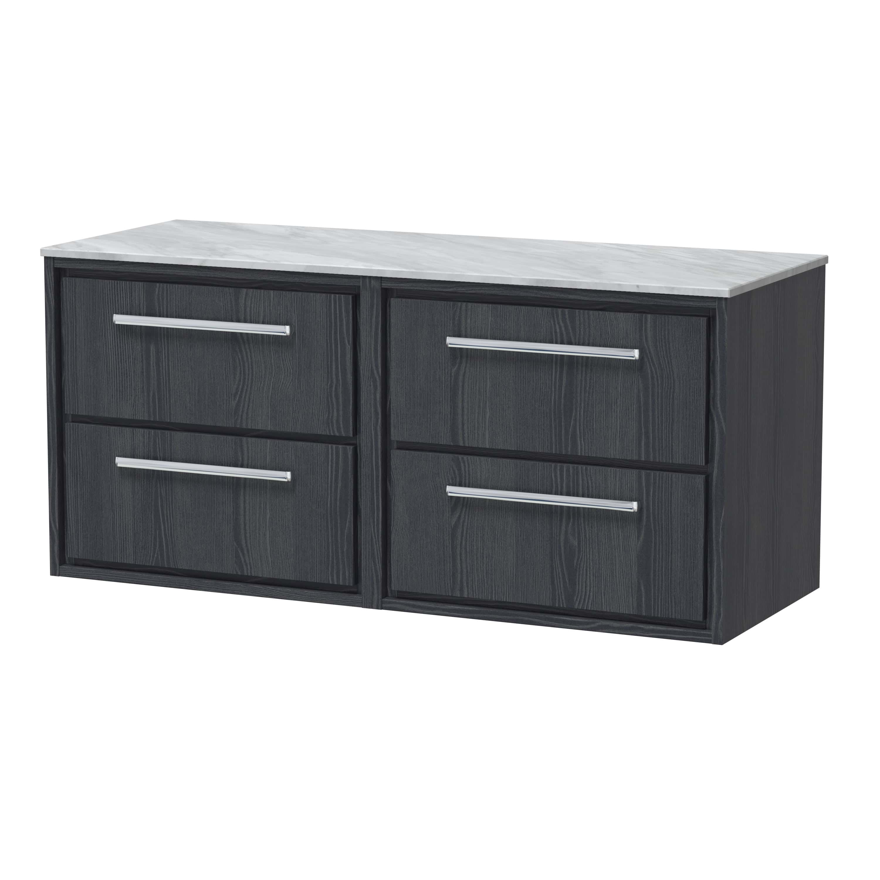 Sleek black bathroom vanity unit with marble-effect countertop and four spacious drawers, perfect for modern bathroom storage solutions.