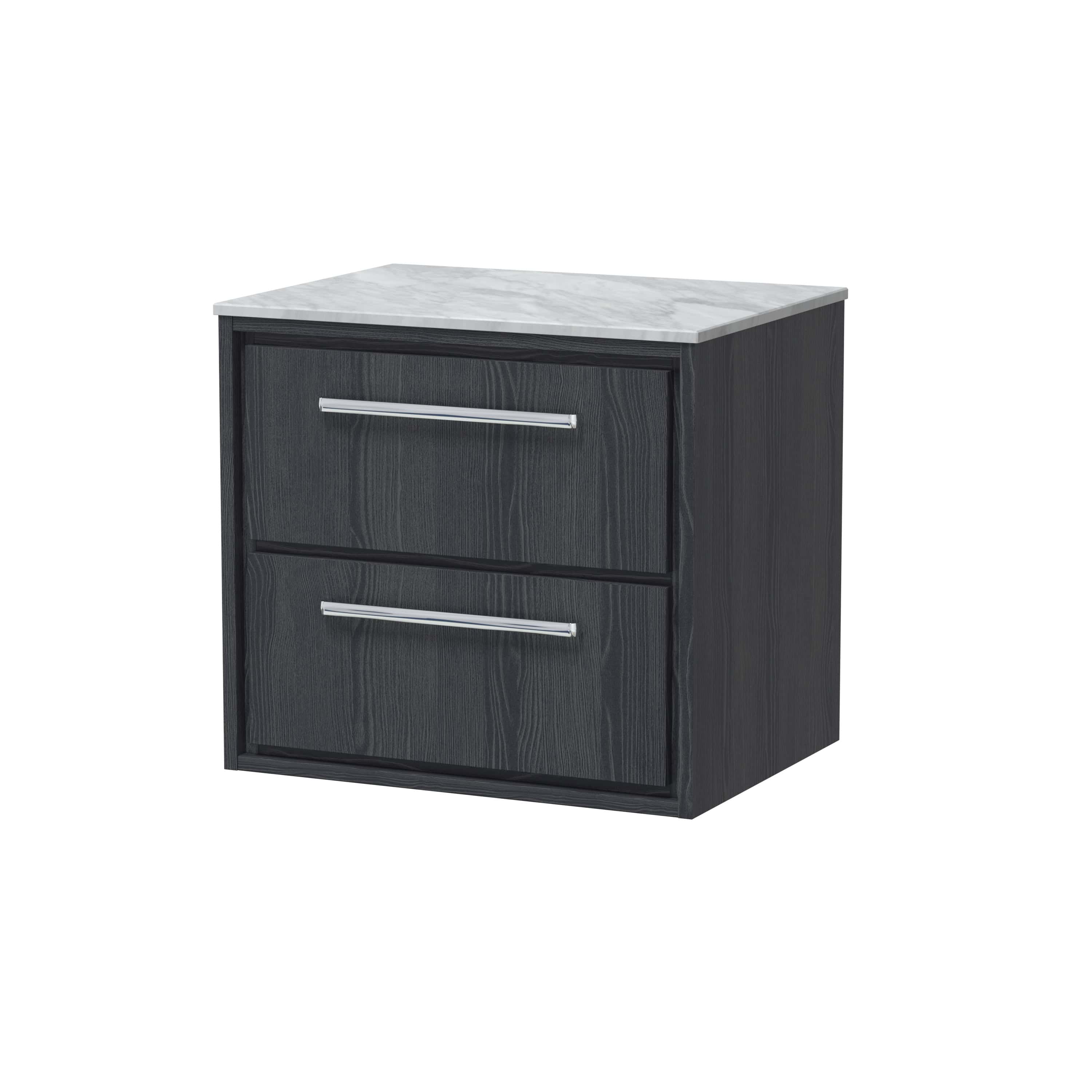 Sleek black bathroom vanity with two drawers, modern chrome handles, and a white marble top, ideal for contemporary bathroom storage and style.