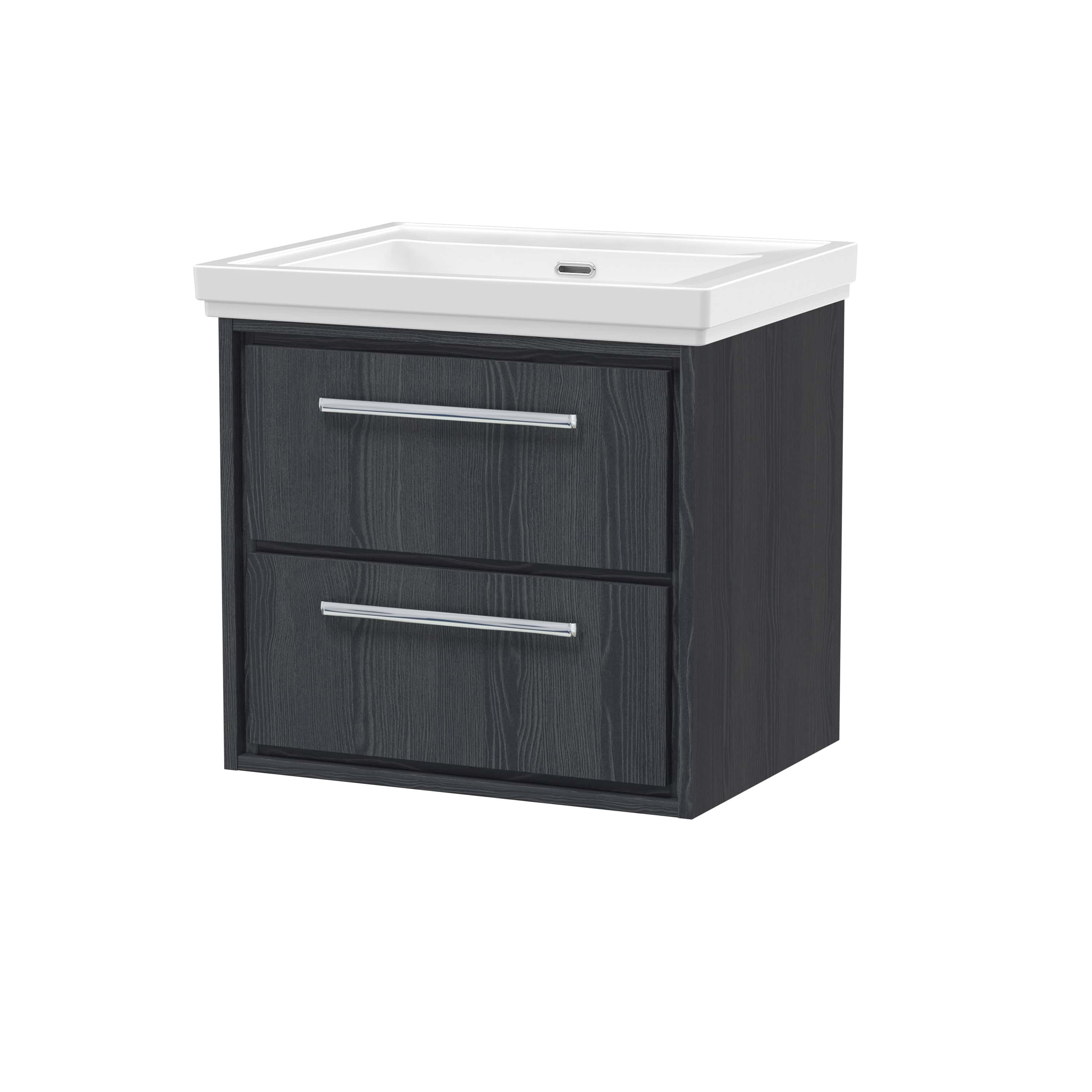 Modern black bathroom vanity with integrated sink, two drawers with sleek chrome handles, ideal for contemporary bathroom storage solutions.