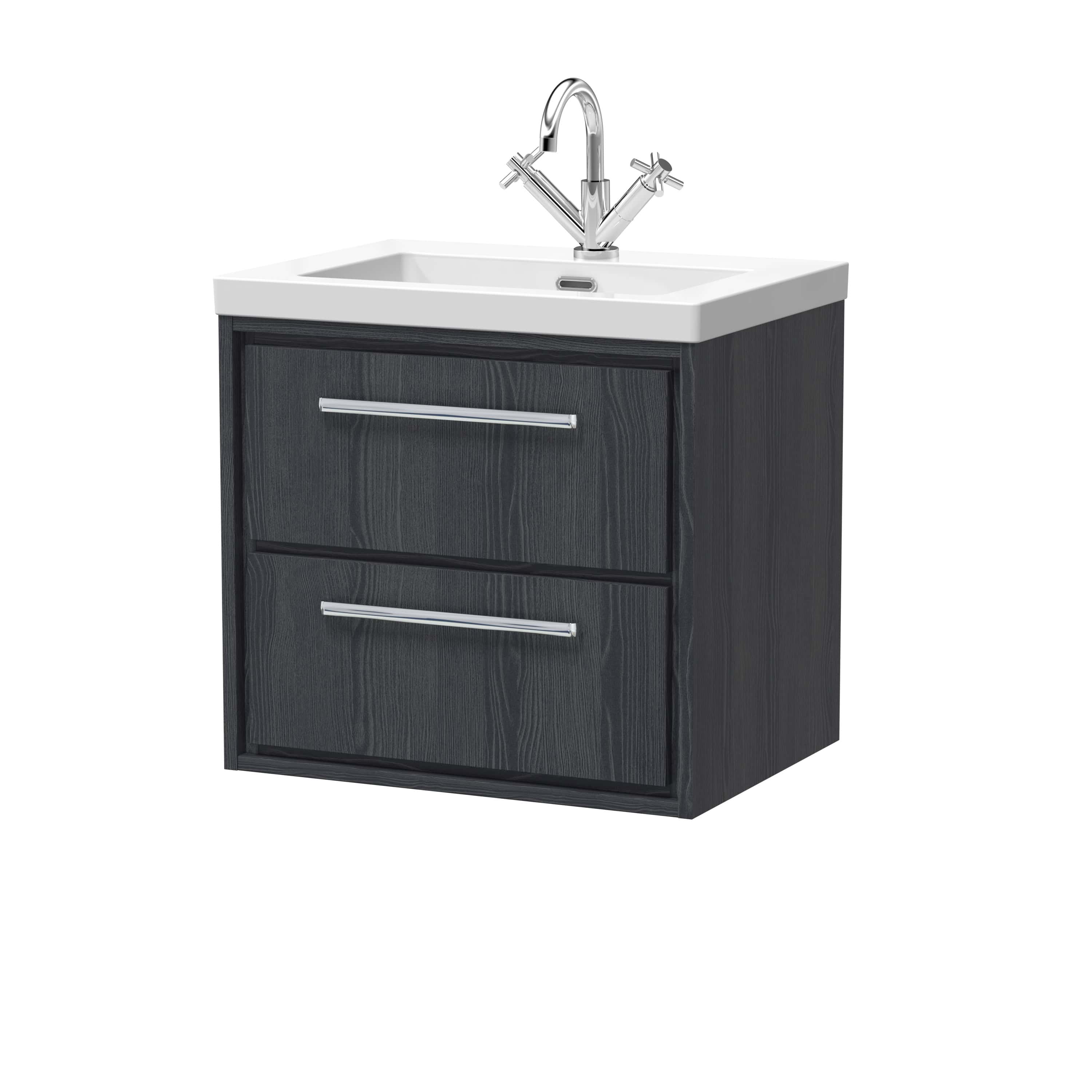 Chrome bathroom vanity unit with integrated sink and modern chrome taps, ideal for contemporary bathroom interiors, offers stylish storage and functionality.