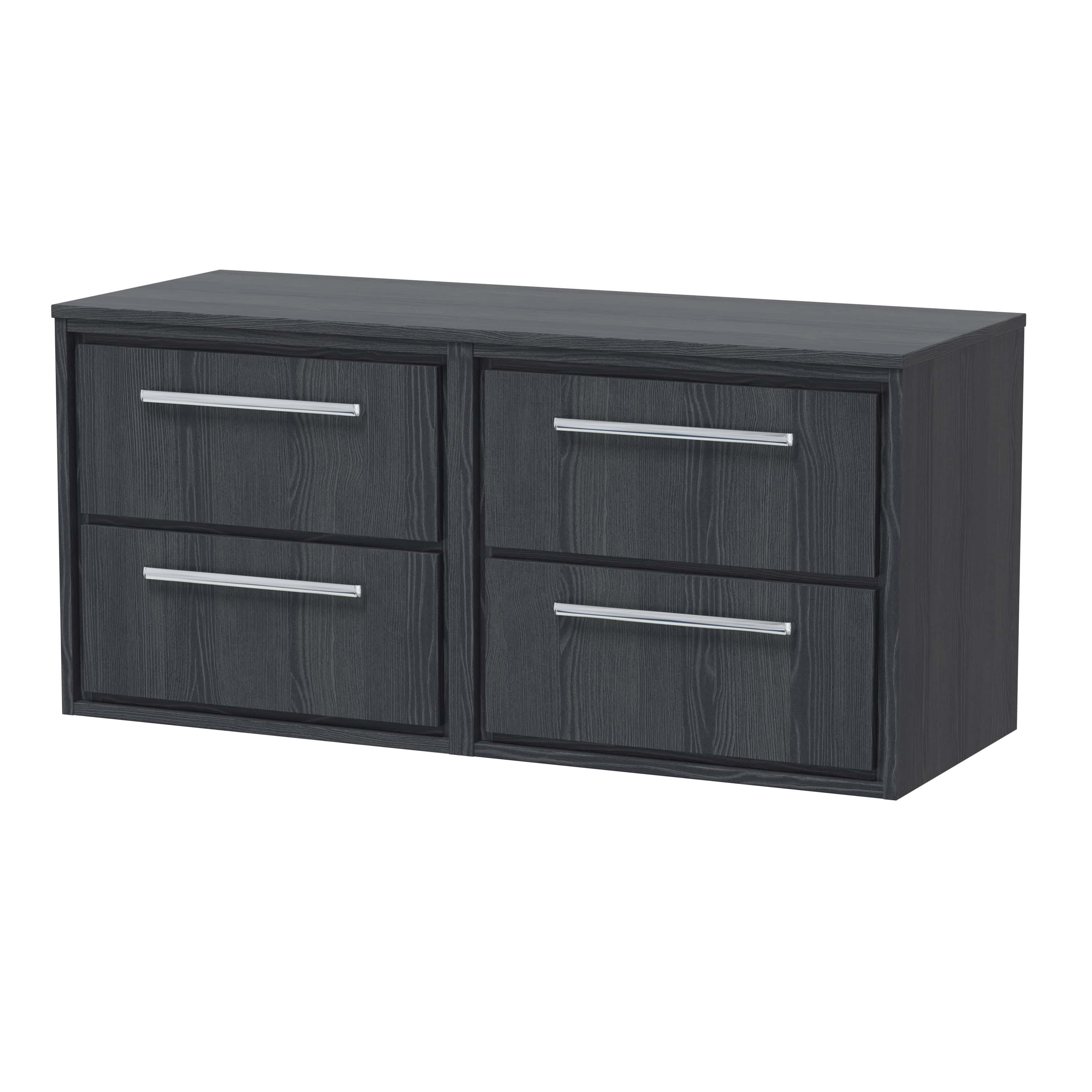Modern black wooden bathroom storage cabinet with four drawers and sleek silver handles, ideal for adding stylish organisation to contemporary bathrooms.