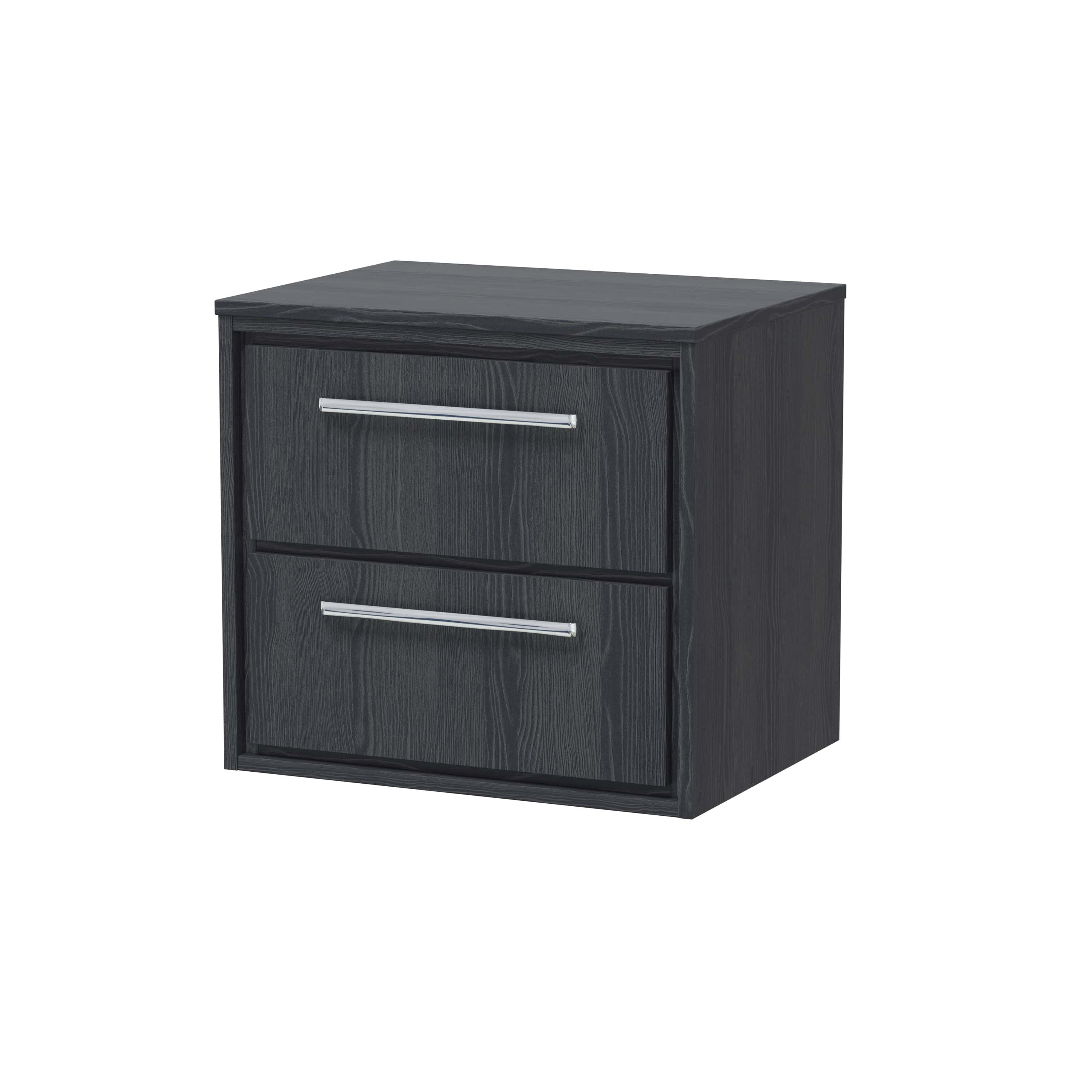 Modern black wooden bathroom vanity with two spacious drawers and sleek silver handles, ideal for contemporary bathroom storage solutions.