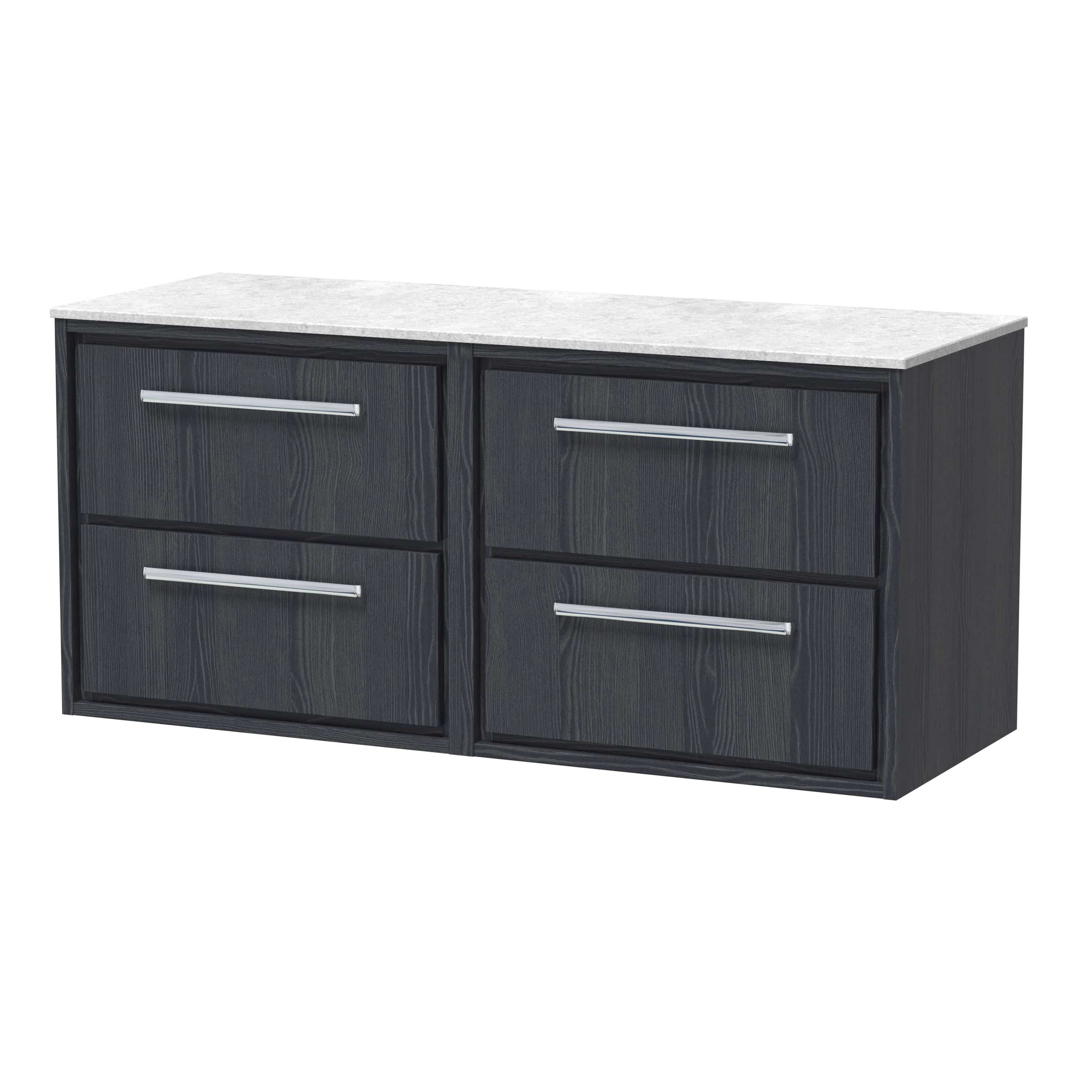 Sleek grey bathroom vanity unit with four spacious drawers and a light grey marble countertop, perfect for modern bathroom storage and organisation.