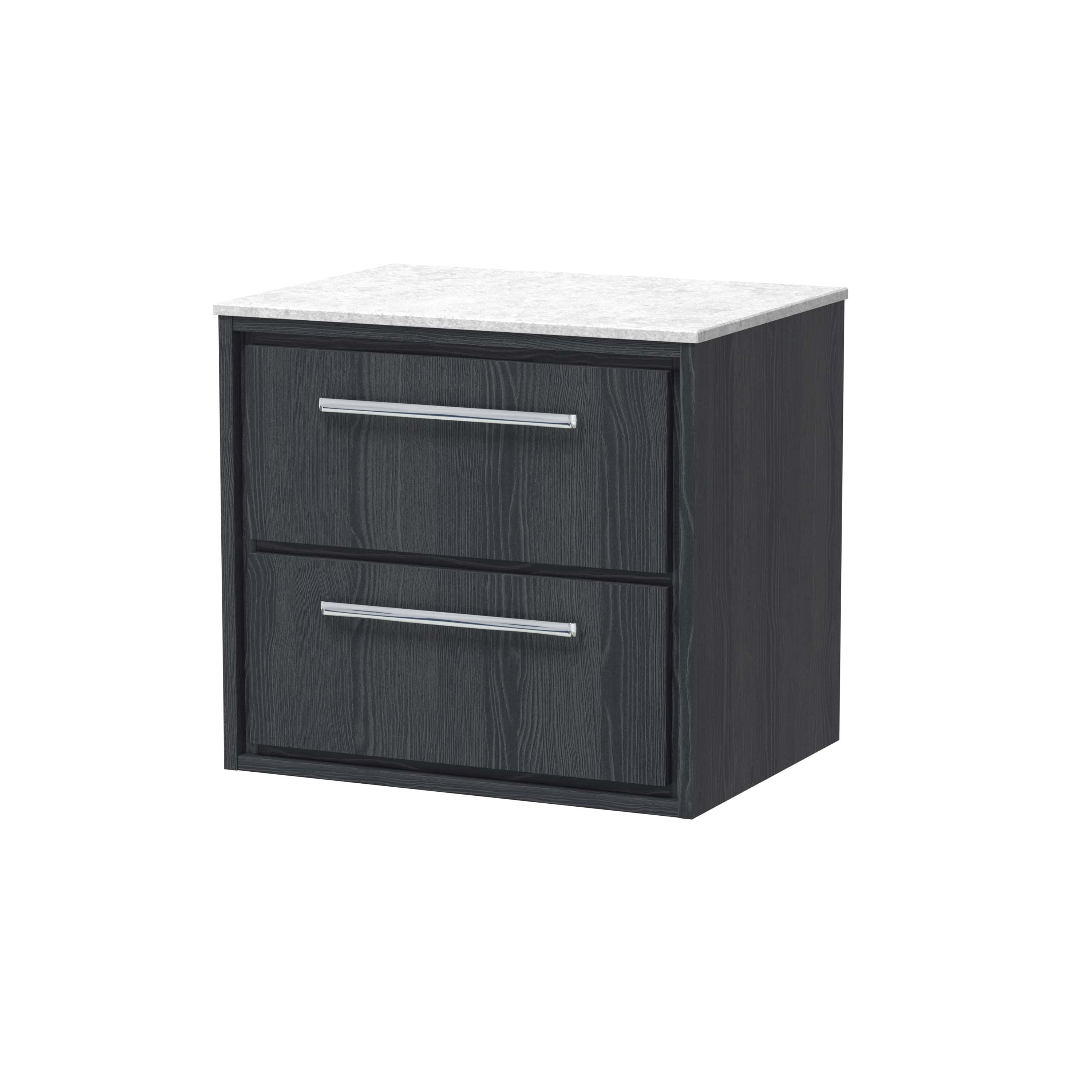 Sleek black bathroom vanity with a marble top and chrome handles, designed for modern bathrooms, offering storage and style. Perfect for contemporary bathroom decor.