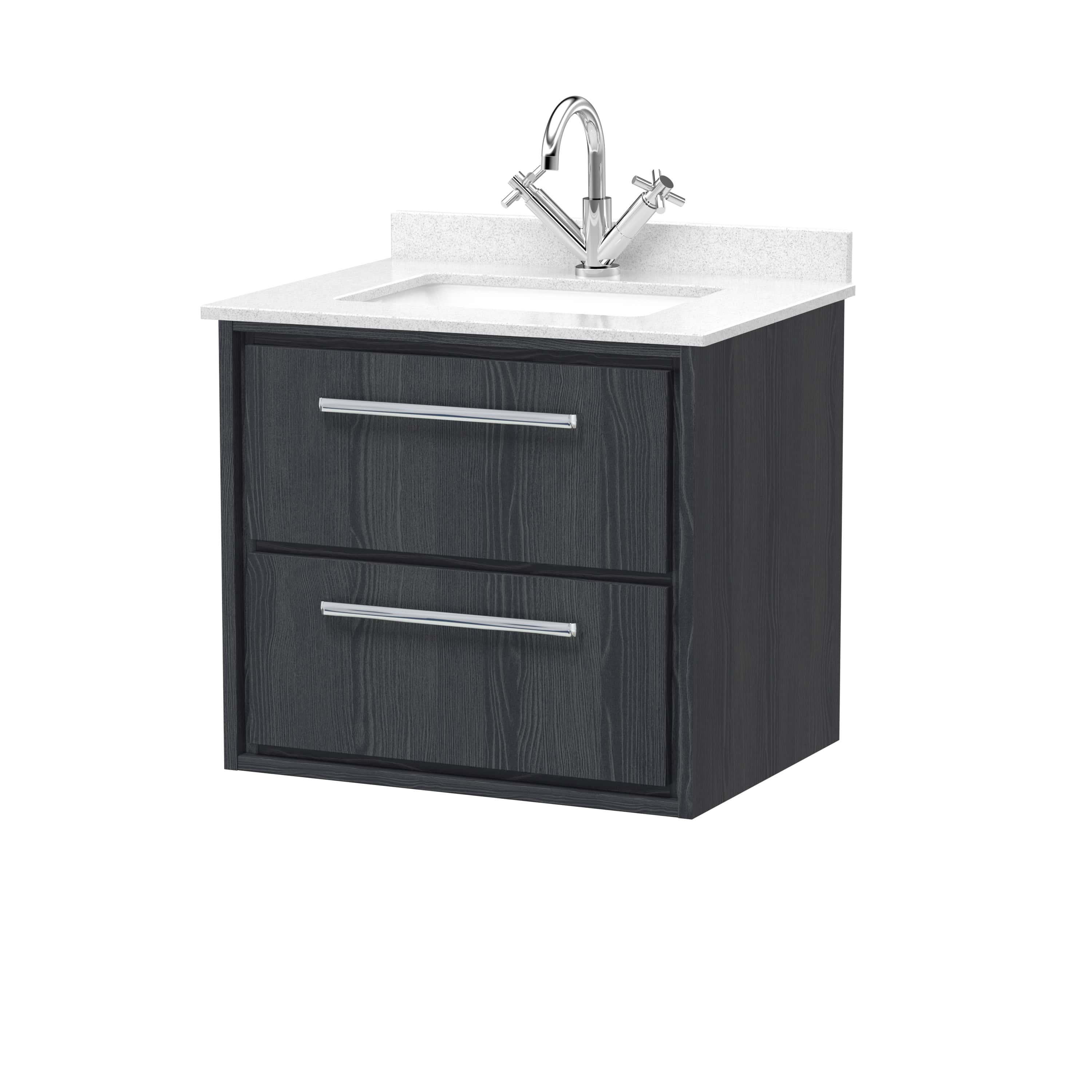 Modern bathroom vanity with dark wood finish and white countertop with integrated sink and chrome faucet. Perfect for contemporary bathroom designs.