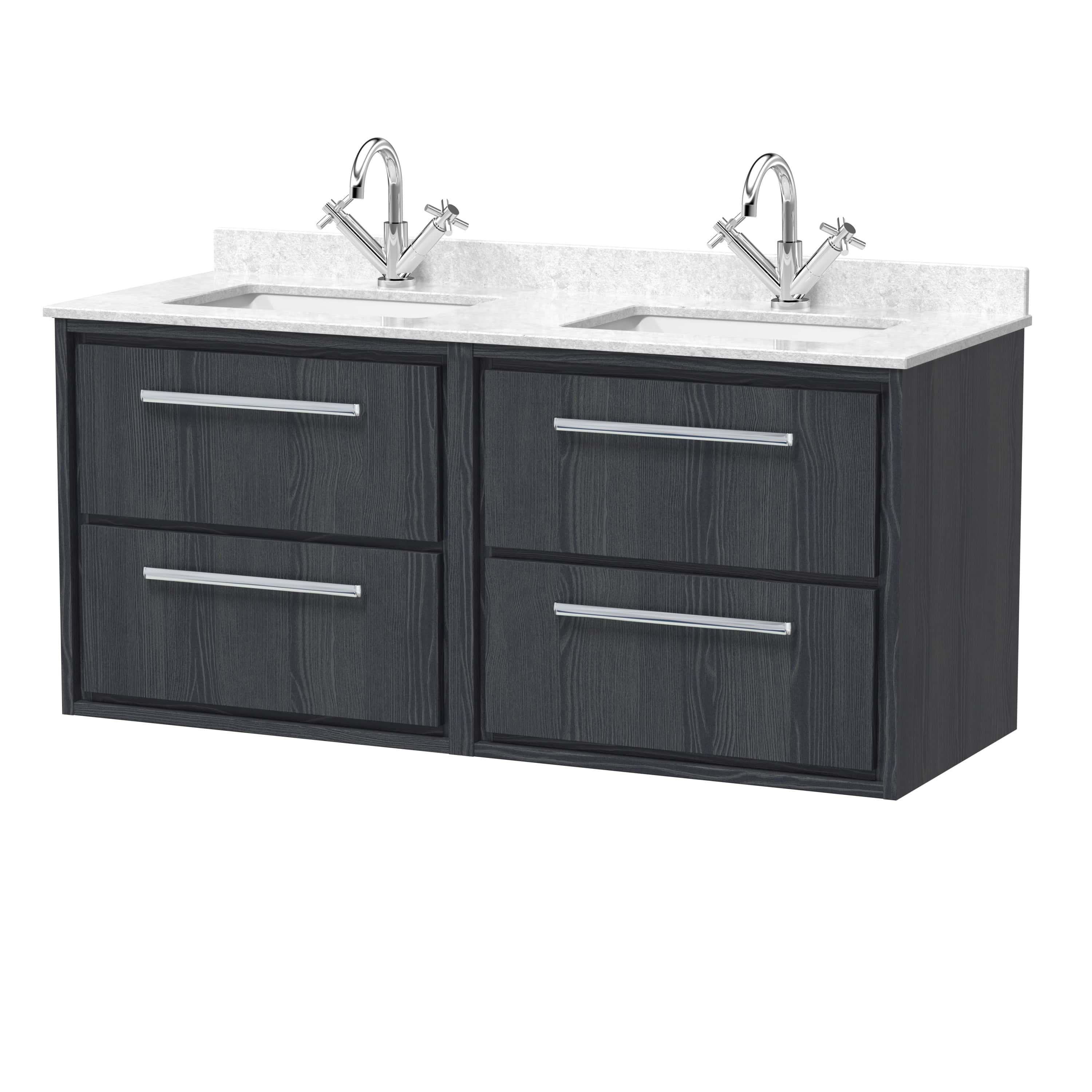 Double bathroom vanity unit with two sinks and chrome taps, featuring dark wood cabinets and a white marble countertop, ideal for modern bathroom designs.