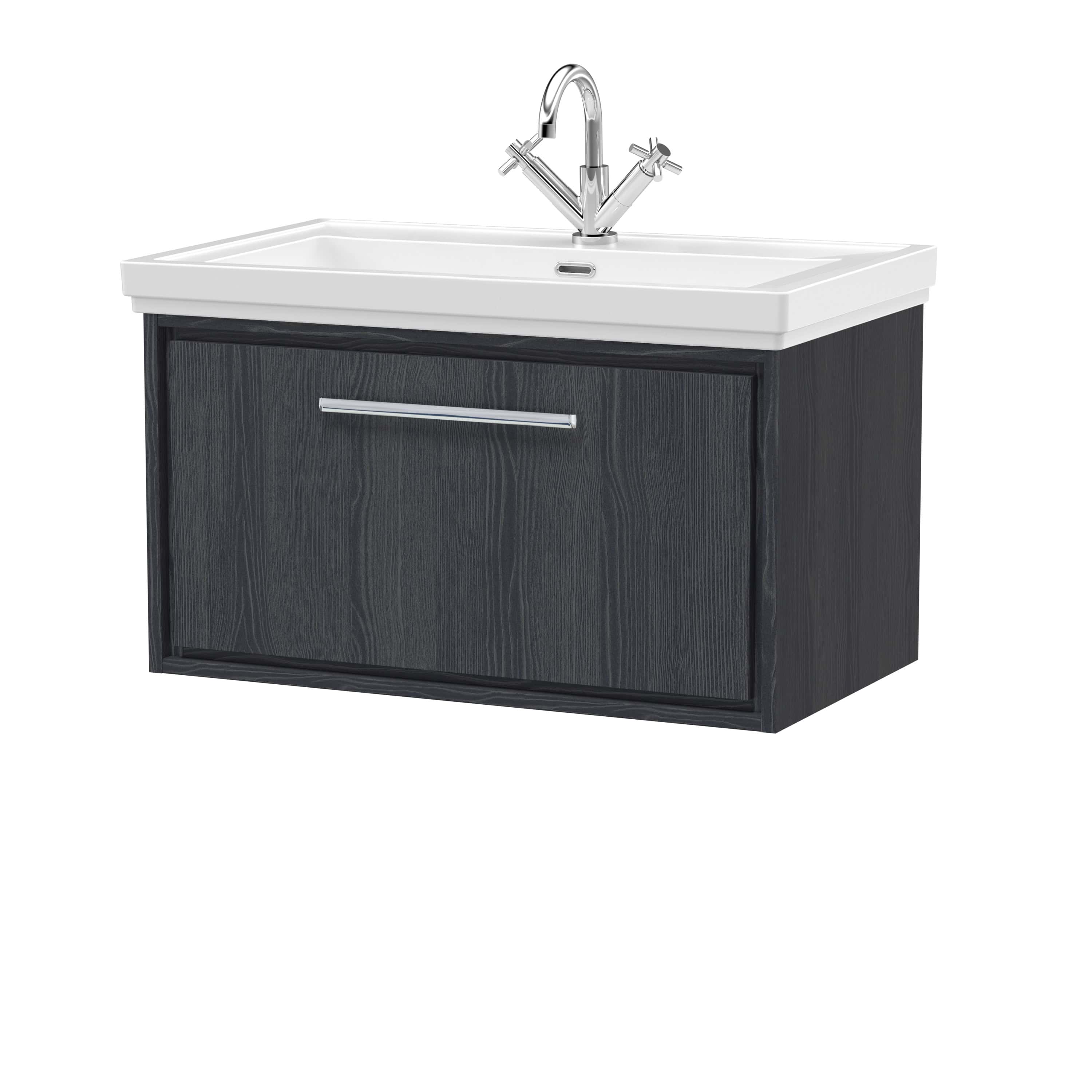 Sleek bathroom vanity with a white ceramic sink and chrome taps, dark wood finish cabinet, perfect for modern bathroom design.