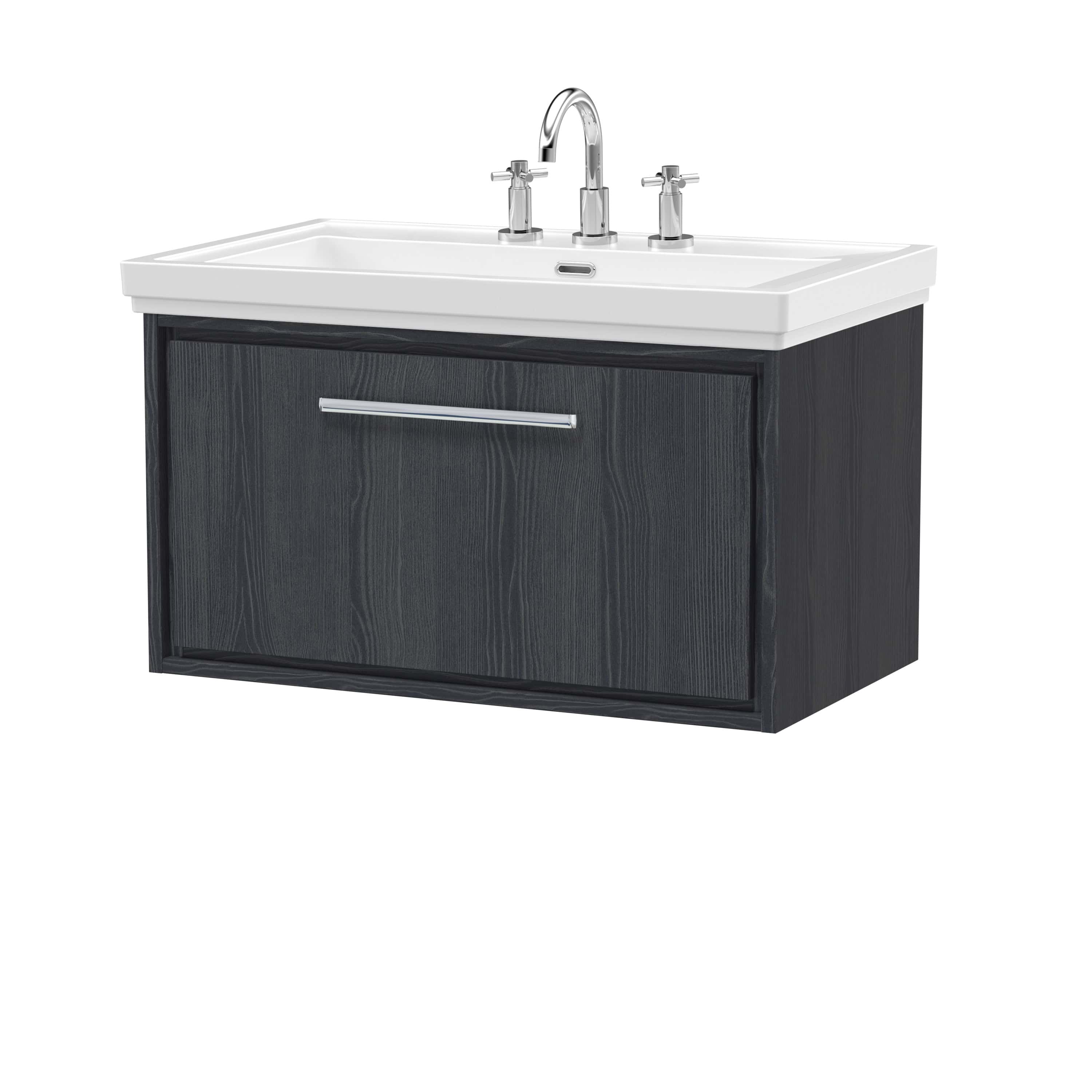 Modern bathroom vanity unit with a white ceramic sink and chrome fixtures, featuring a sleek dark wood finish for contemporary bathroom interior design.