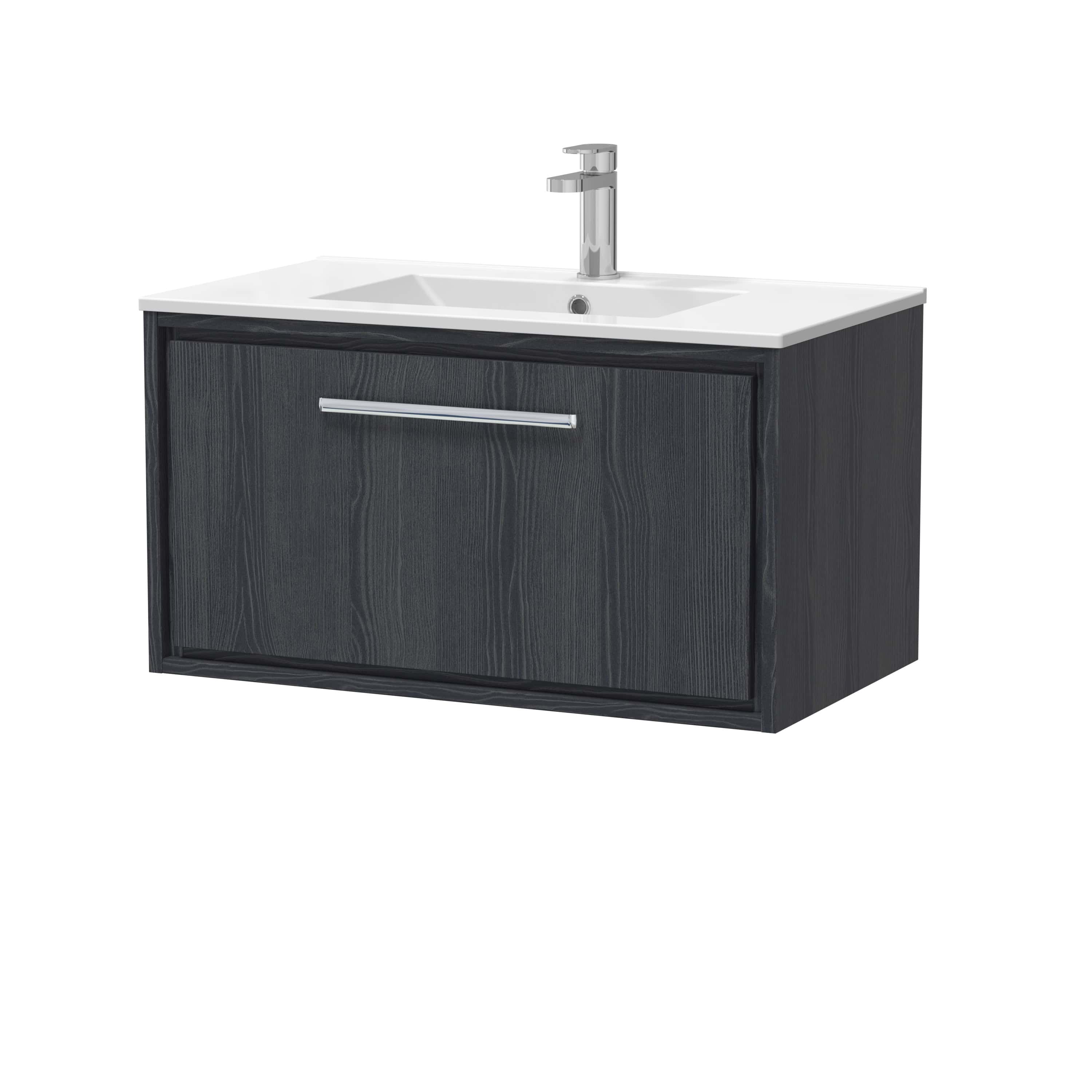 Sleek black bathroom vanity with integrated sink and modern chrome handle, ideal for contemporary bathrooms, offering stylish storage and functionality.