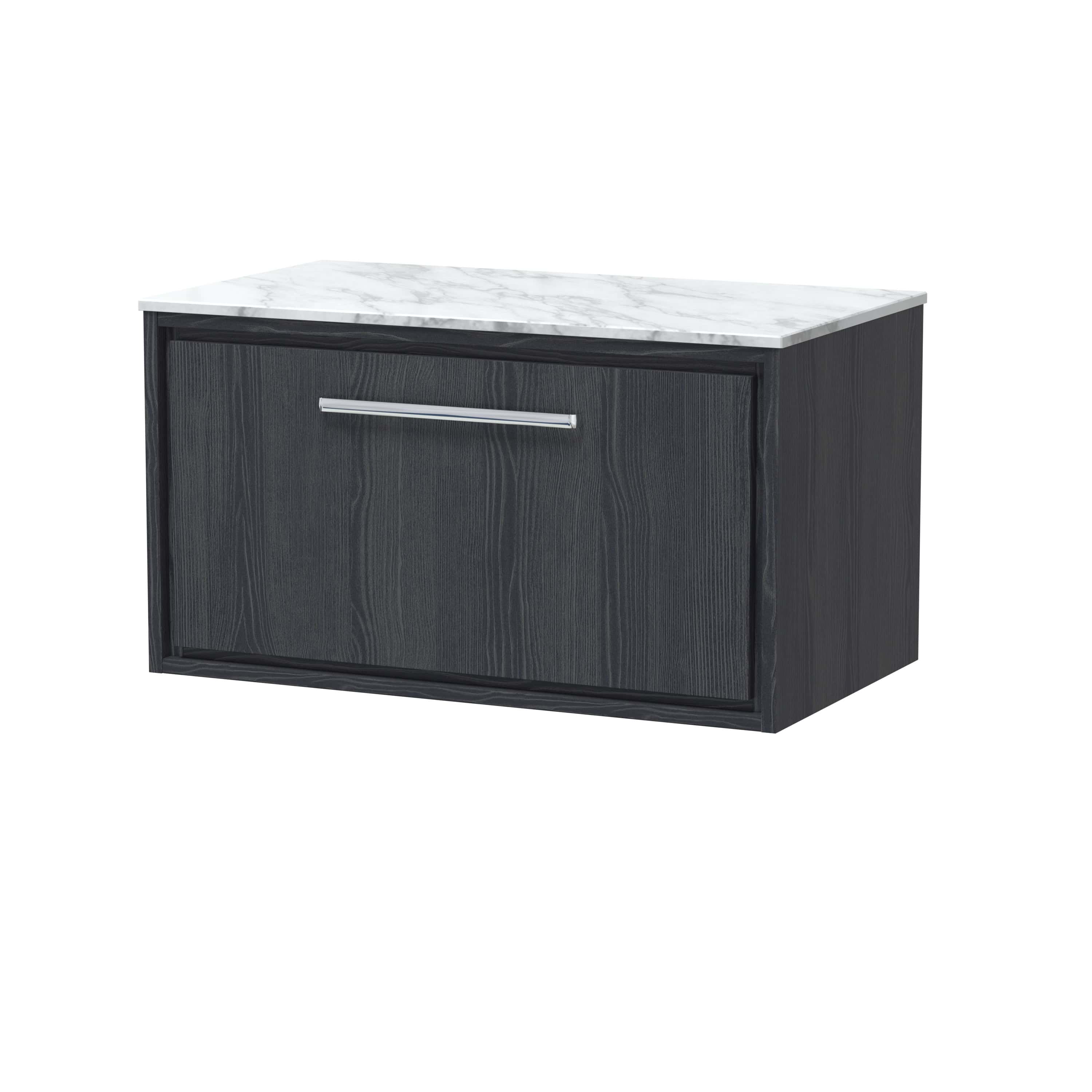 Sleek black bathroom vanity with a textured finish and modern handle, topped with a white marble effect countertop, perfect for contemporary bathroom interiors.