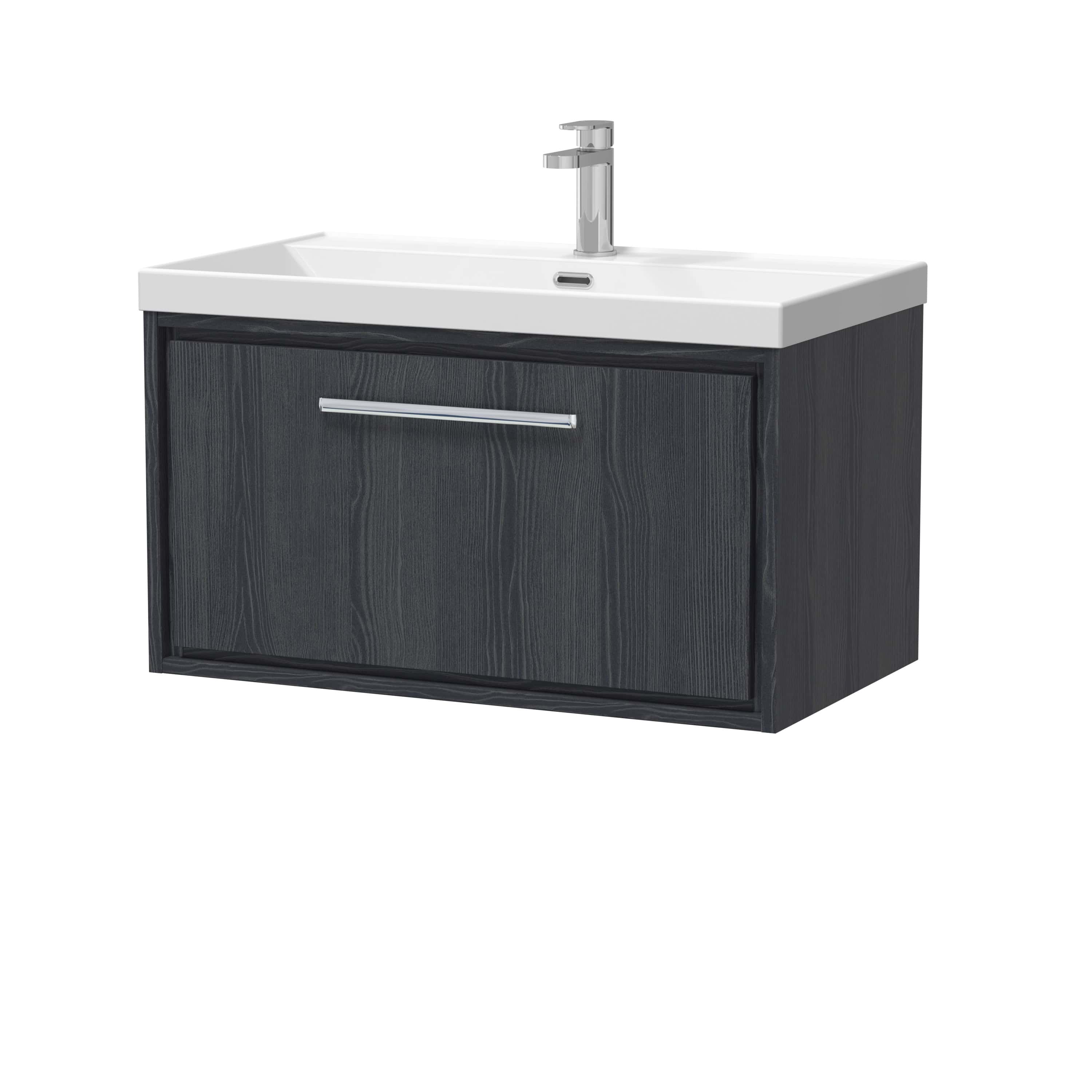 Modern bathroom vanity with black wood finish and integrated sink, ideal for stylish bathroom upgrades.