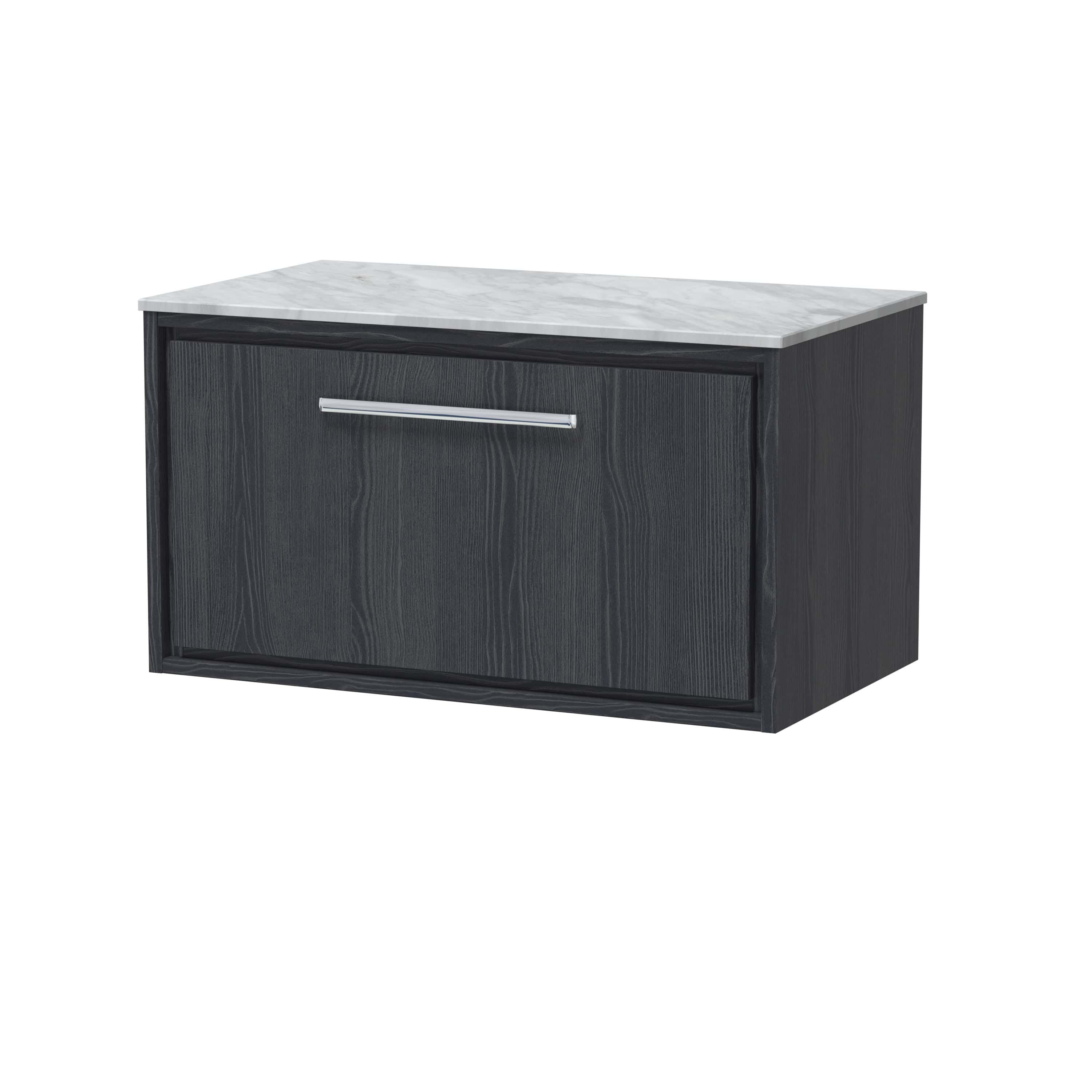 Fitted bathroom cabinet with black wood finish and white marble top, stylish storage solution for modern bathrooms. Suitable for organising toiletries and bathroom essentials, adding elegance to your space.