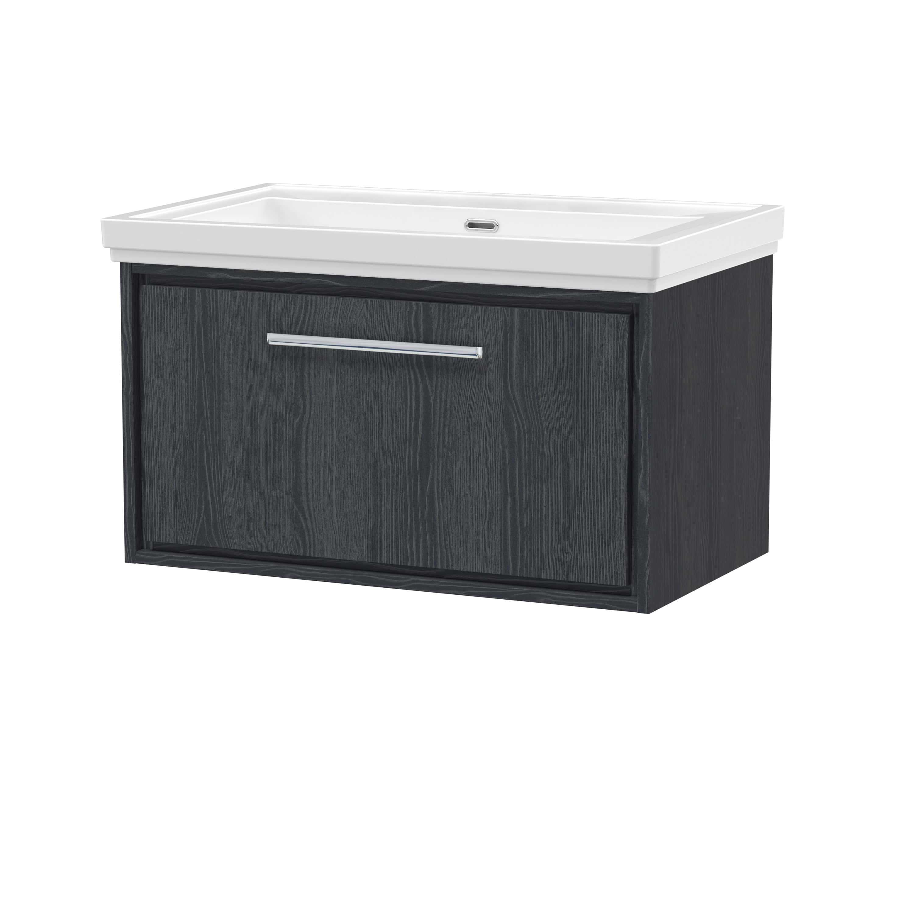 Modern black bathroom vanity with integrated white sink, sleek chrome handle, ideal for contemporary bathroom decor.