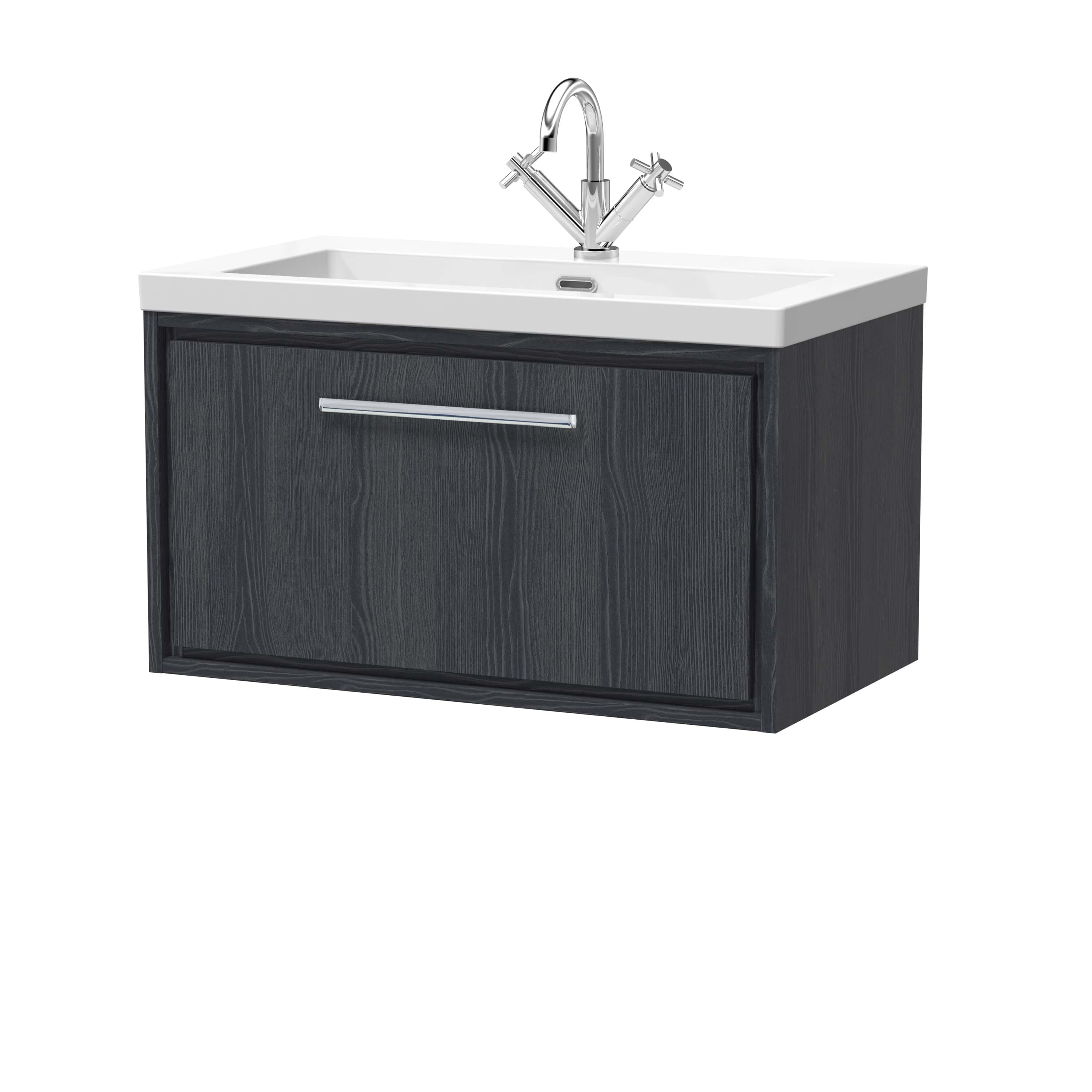 Modern bathroom vanity with sleek dark wood finish and white ceramic sink, featuring chrome faucet and storage drawer, perfect for contemporary bathroom designs.