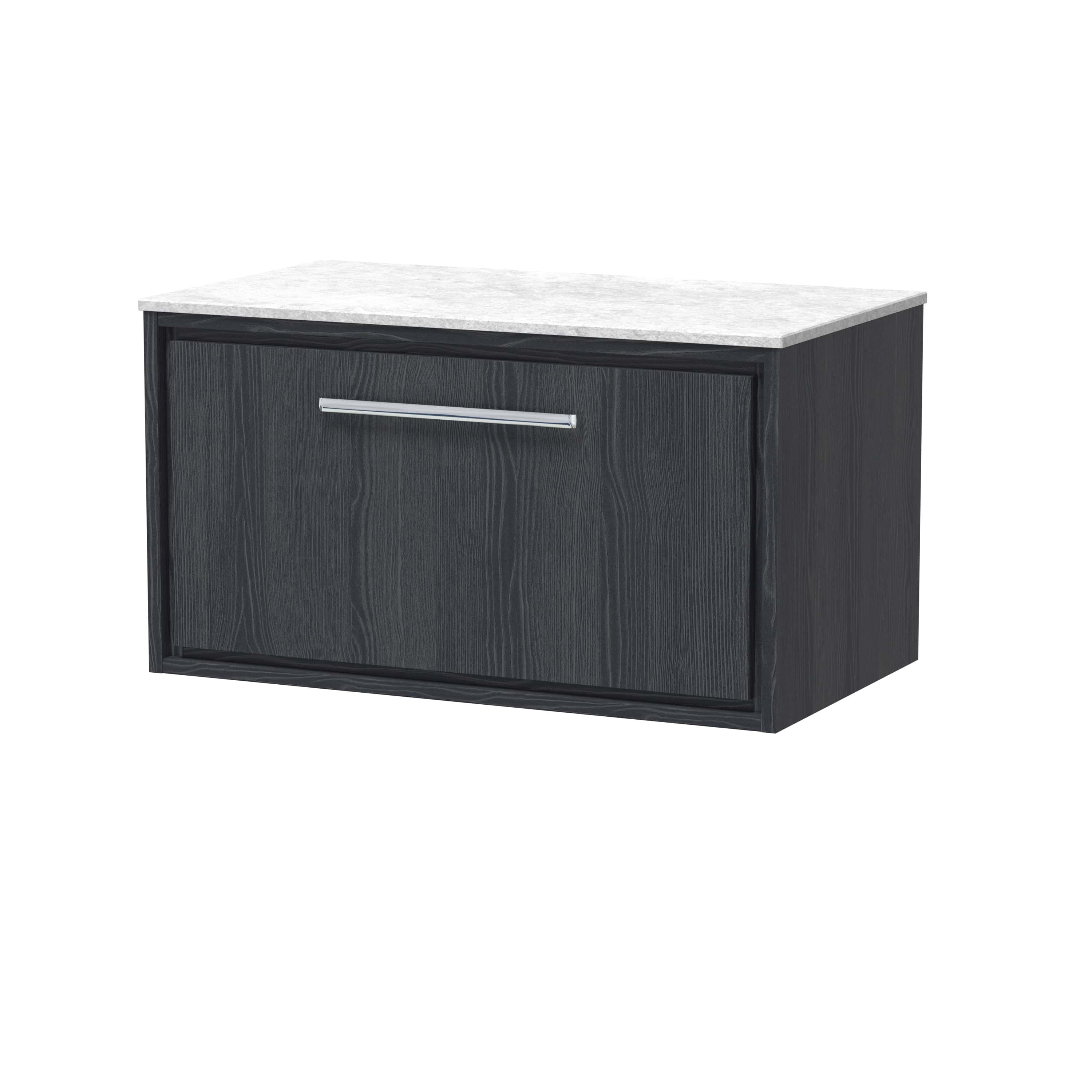 Sleek black wall-mounted bathroom cabinet with a marble top and modern handle, ideal for contemporary bathroom storage solutions.
