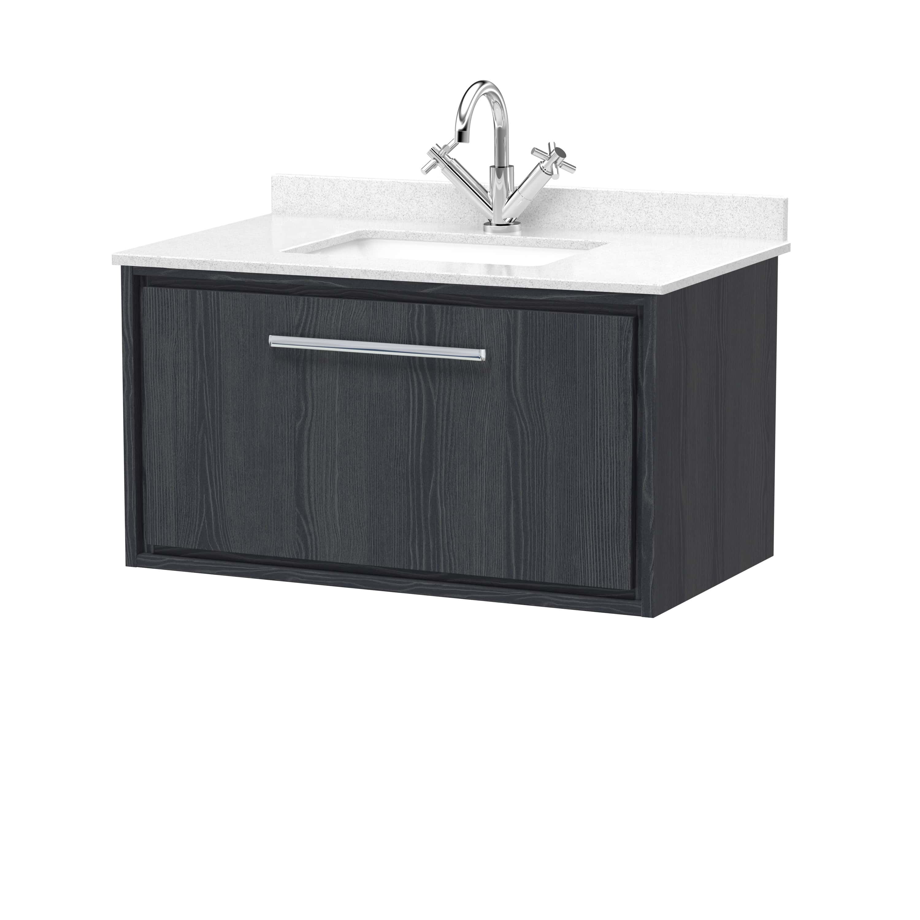 Modern bathroom vanity with white countertop, integrated sink, and chrome faucet. Sleek dark wood cabinet providing storage space. Perfect for contemporary bathroom makeover.