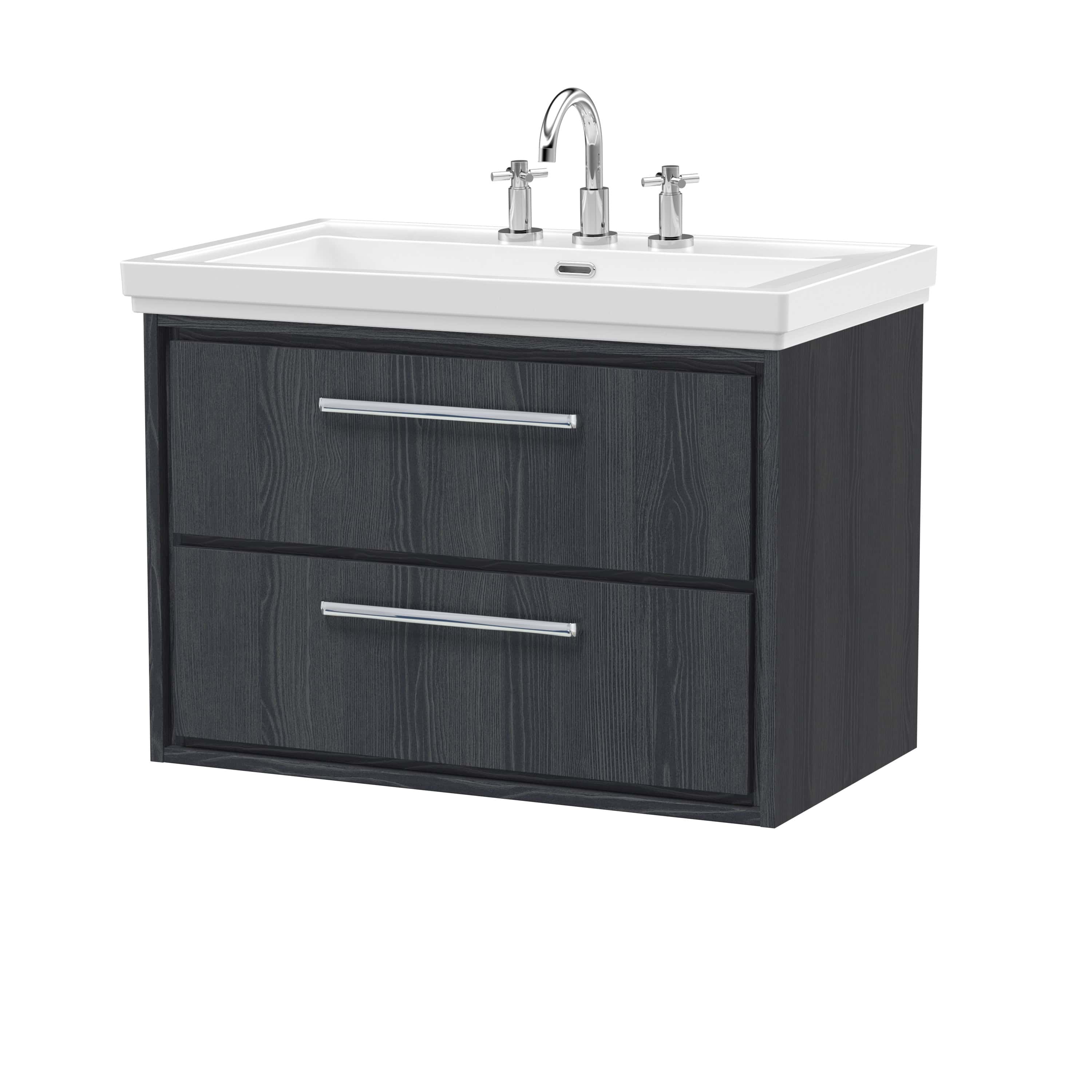 Modern bathroom vanity unit with black wood finish and integrated sink, featuring chrome handles and a sleek faucet, ideal for contemporary bathroom remodels.