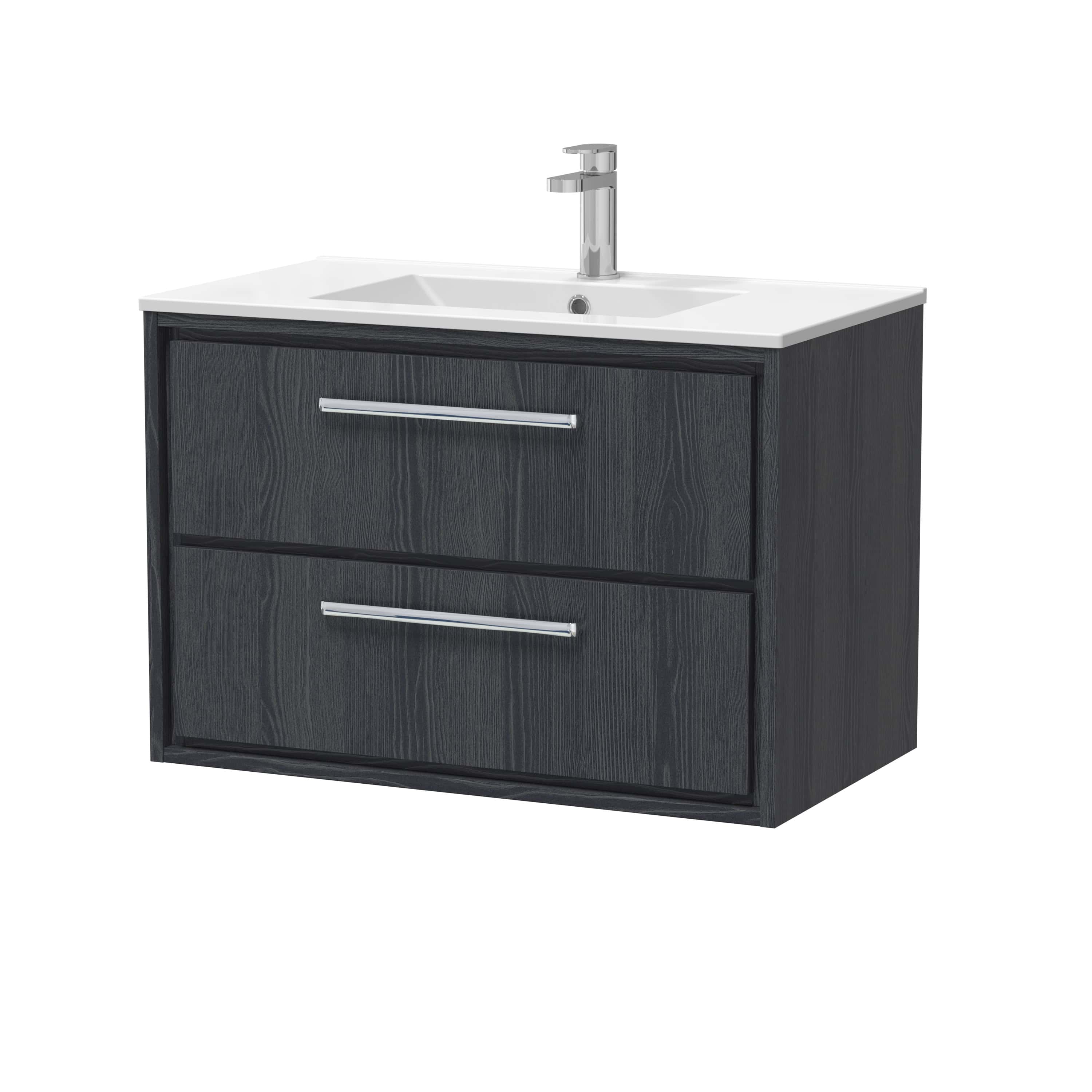 Modern black bathroom vanity with white countertop and sleek chrome handles, featuring built-in sink and contemporary design for stylish bathroom upgrades.