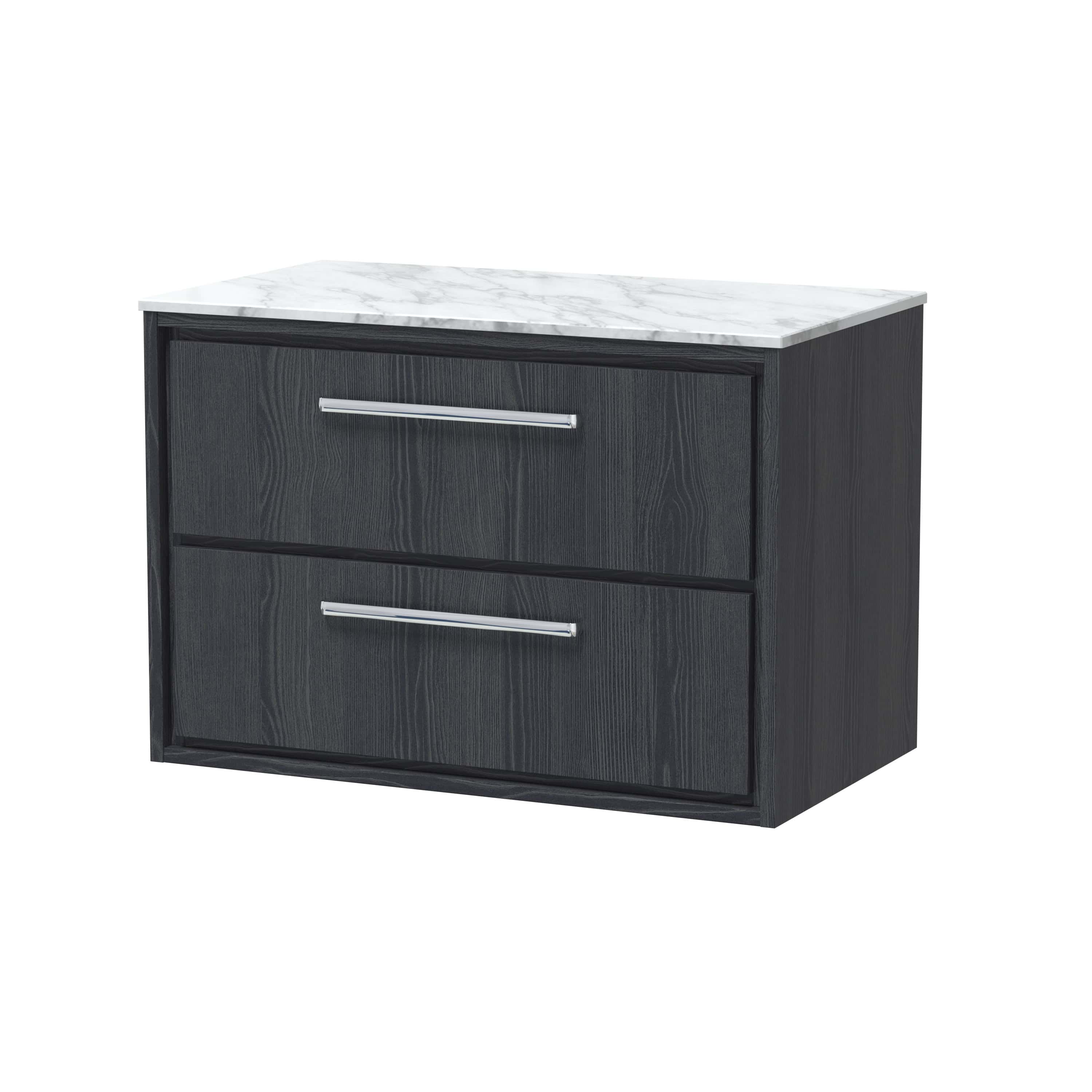 Sleek black bathroom vanity unit with a stylish marble top and modern chrome handles for contemporary bathroom décor.