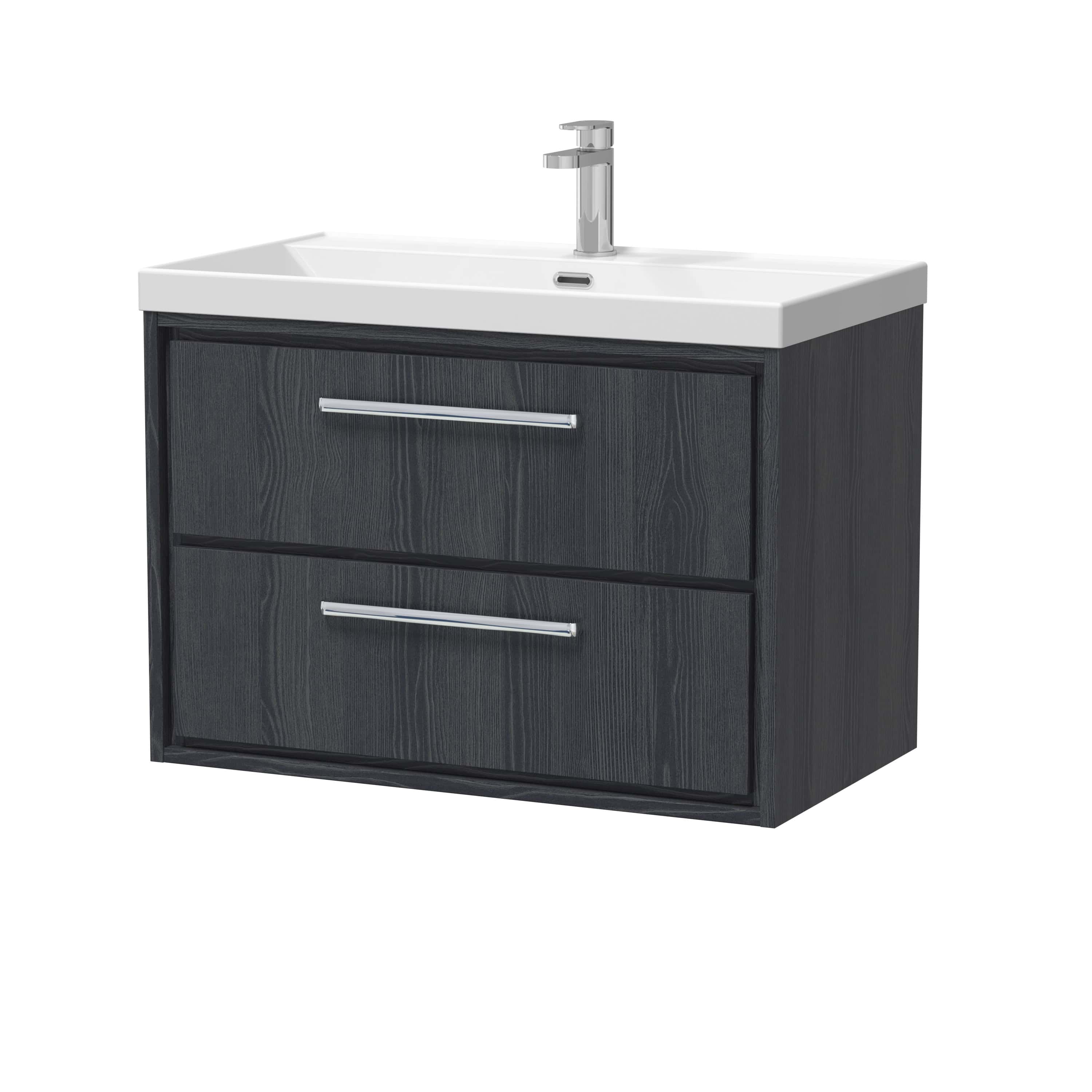 Modern bathroom vanity with a sleek black wood finish and a white ceramic sink, featuring two spacious drawers with chrome handles, ideal for contemporary bathroom storage.
