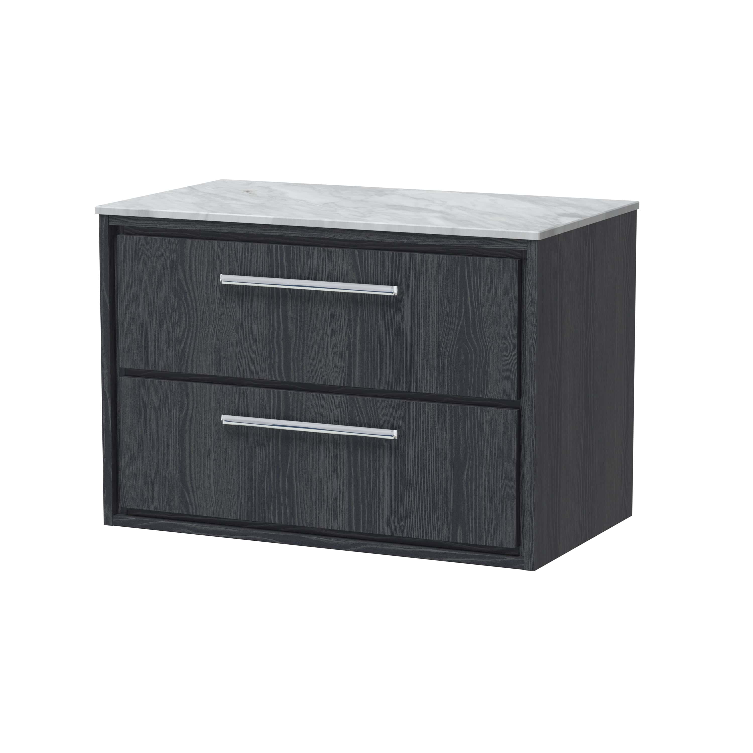 Modern bathroom vanity with dark wood finish and marble top, featuring sleek metal handles for a contemporary look. Ideal for stylish bathroom storage solutions.