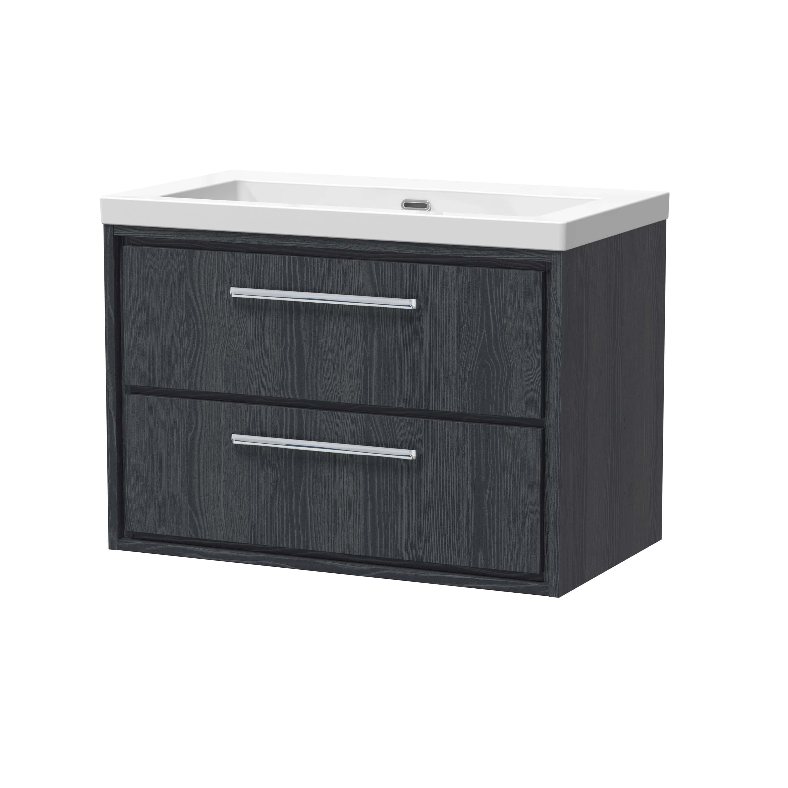 Modern black bathroom vanity unit with two drawers and a white ceramic sink, ideal for contemporary bathroom décor.