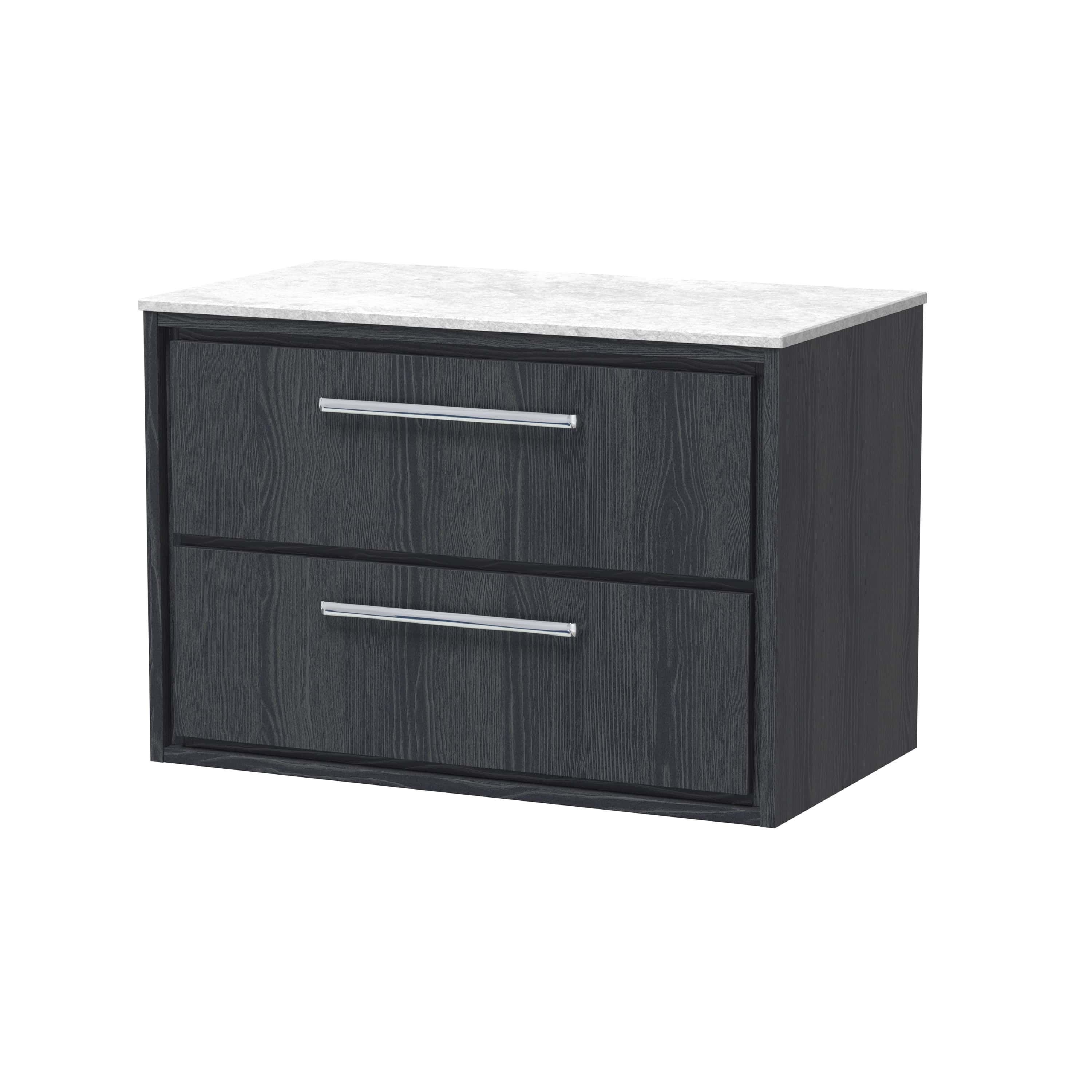 Stylish black bathroom vanity unit with a light grey marble top, featuring two spacious drawers with modern chrome handles, ideal for contemporary bathroom storage solutions.