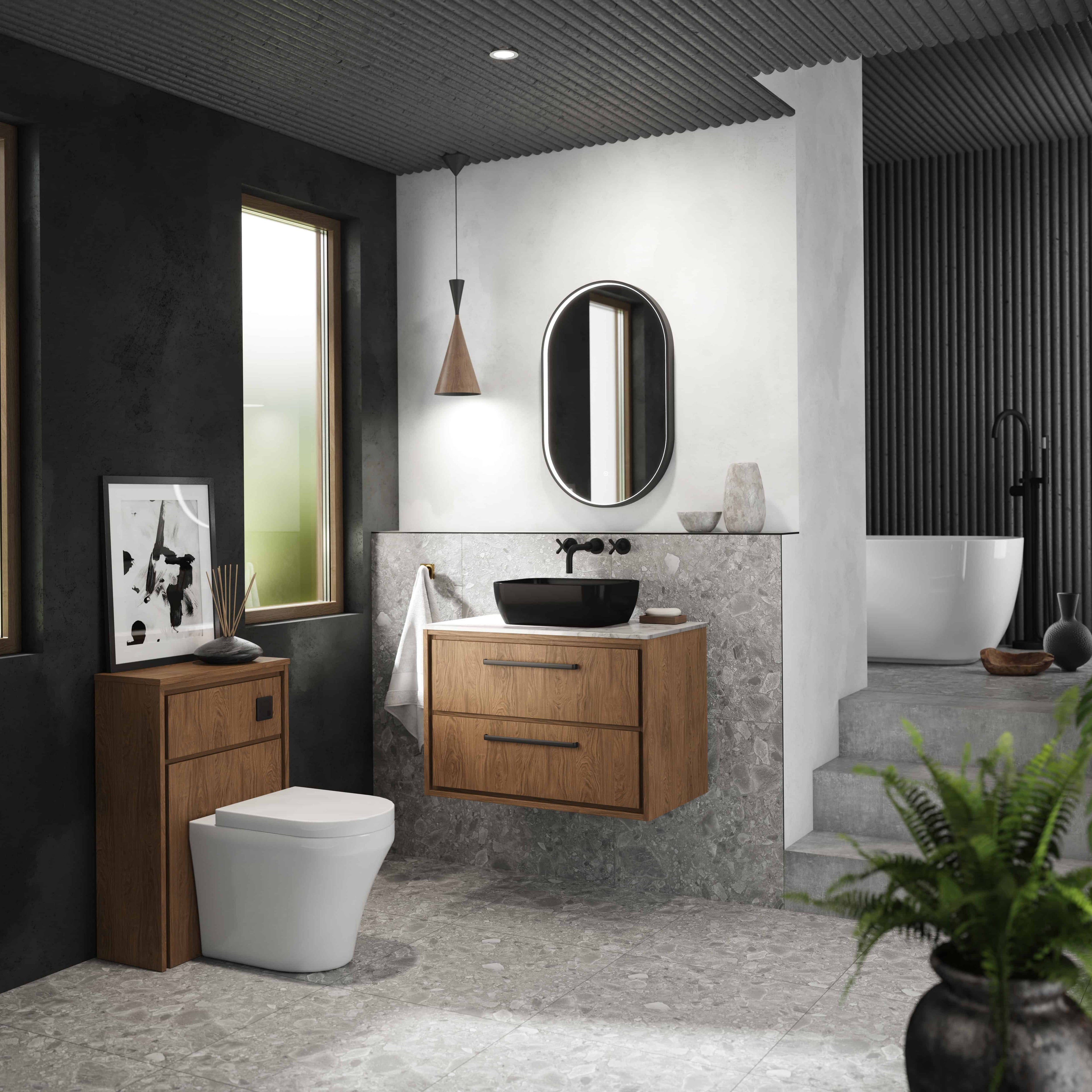 Sleek modern bathroom with black and white accents, contemporary vanity unit, stylish mirror, minimalist decor, and a luxurious freestanding bathtub. Ideal for modern bathroom design inspiration.