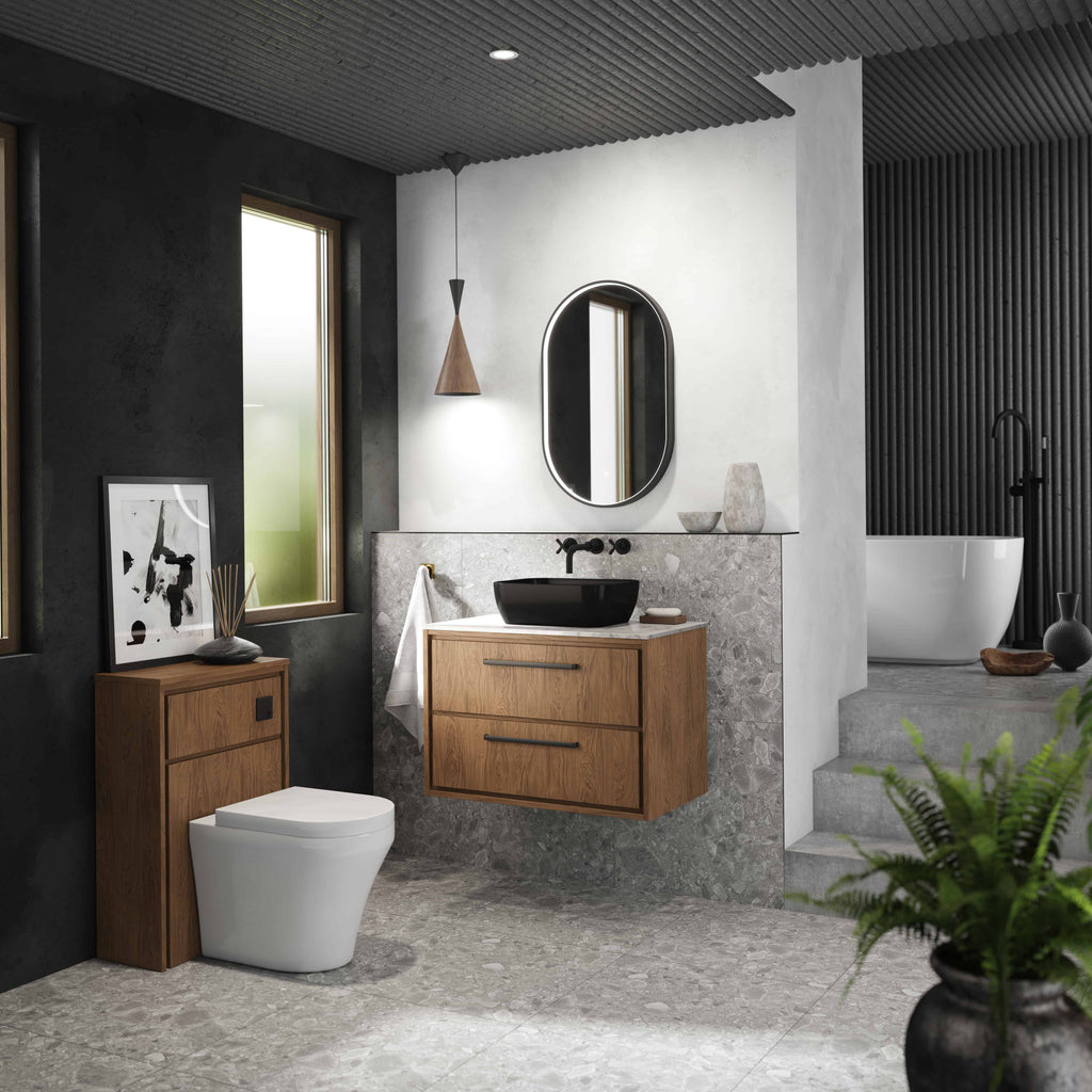 Sleek modern bathroom with black and white accents, contemporary vanity unit, stylish mirror, minimalist decor, and a luxurious freestanding bathtub. Ideal for modern bathroom design inspiration.