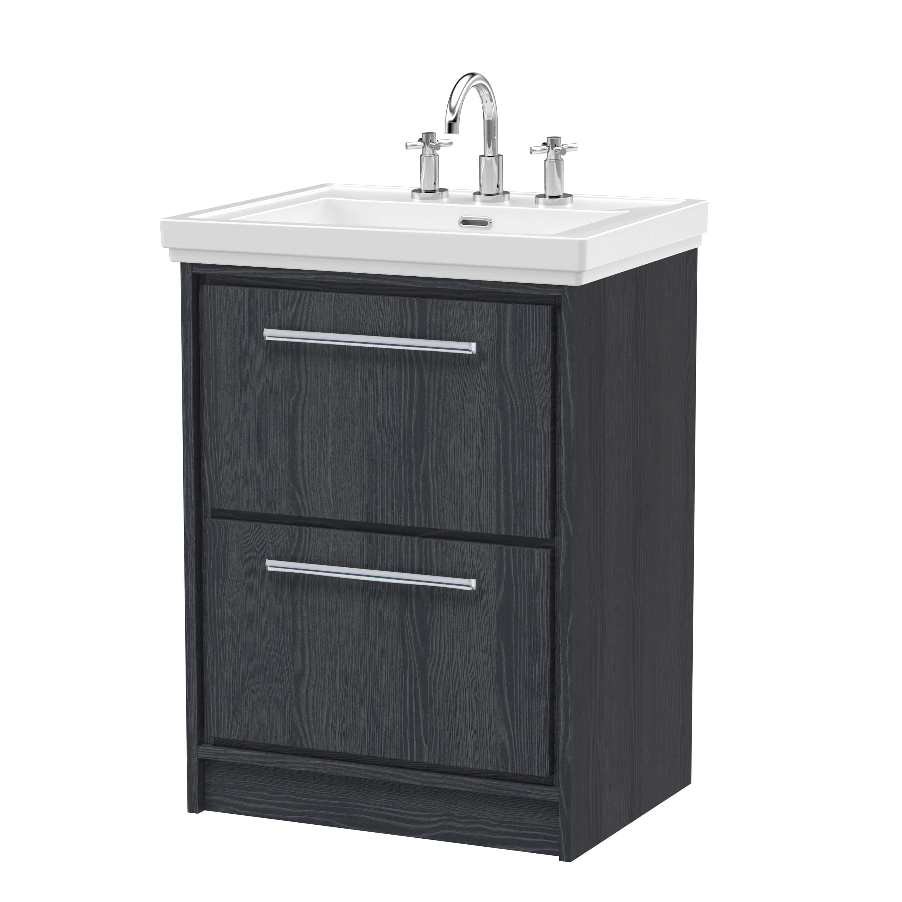 High-quality bathroom vanity with a white ceramic sink, chrome faucet, and stylish dark wood cabinet drawers, perfect for modern bathroom renovation and storage solutions.