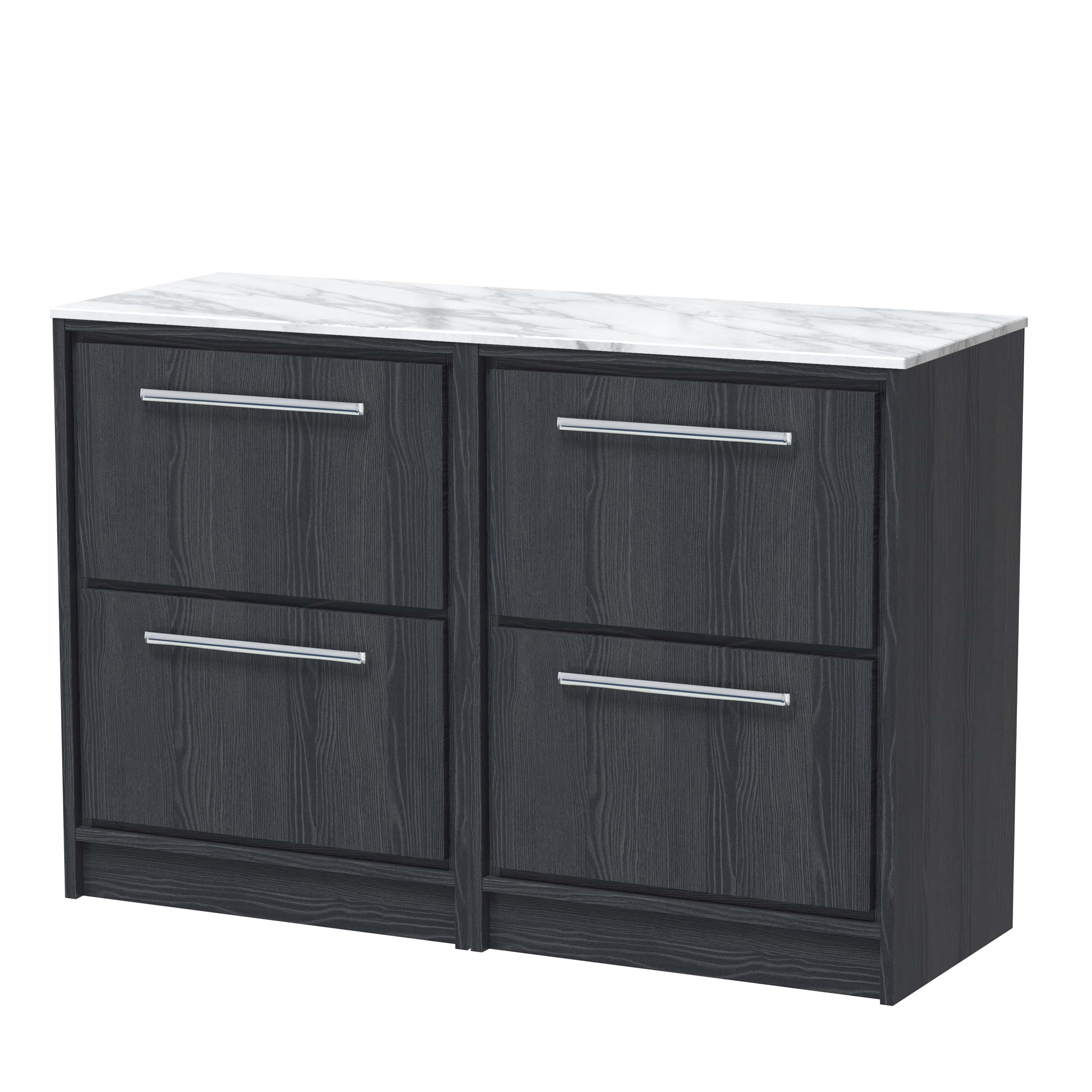 Dark wood bathroom storage cabinet with white marble top, featuring sleek silver handles, ideal for modern bathrooms, combining stylish design and functional storage solutions.