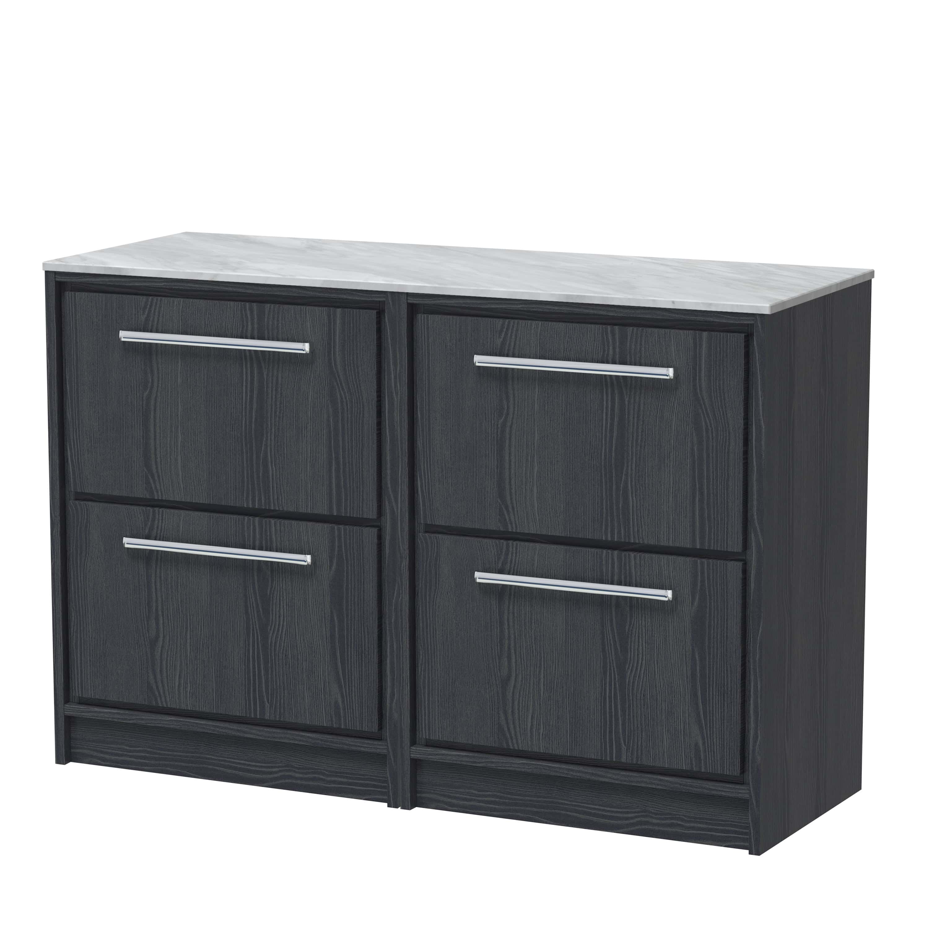 Modern black bathroom cabinet with a sleek wood finish and a white marble top, featuring brushed metal handles for a contemporary bathroom storage solution.