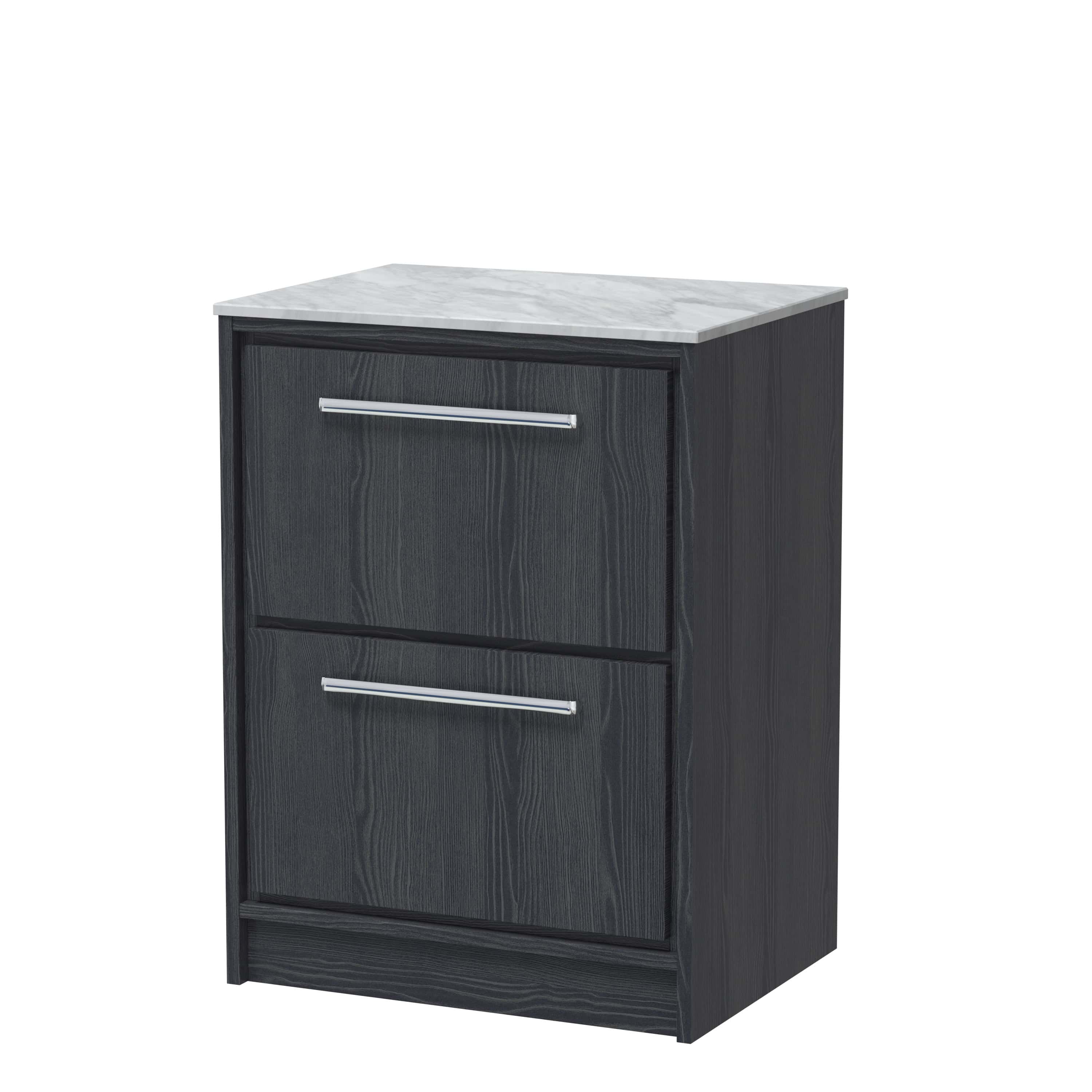 Sleek black bathroom vanity cabinet with marble top, modern handle design, ideal storage solution for contemporary bathrooms. Stylish and functional bathroom furniture from Bubly Bathrooms.