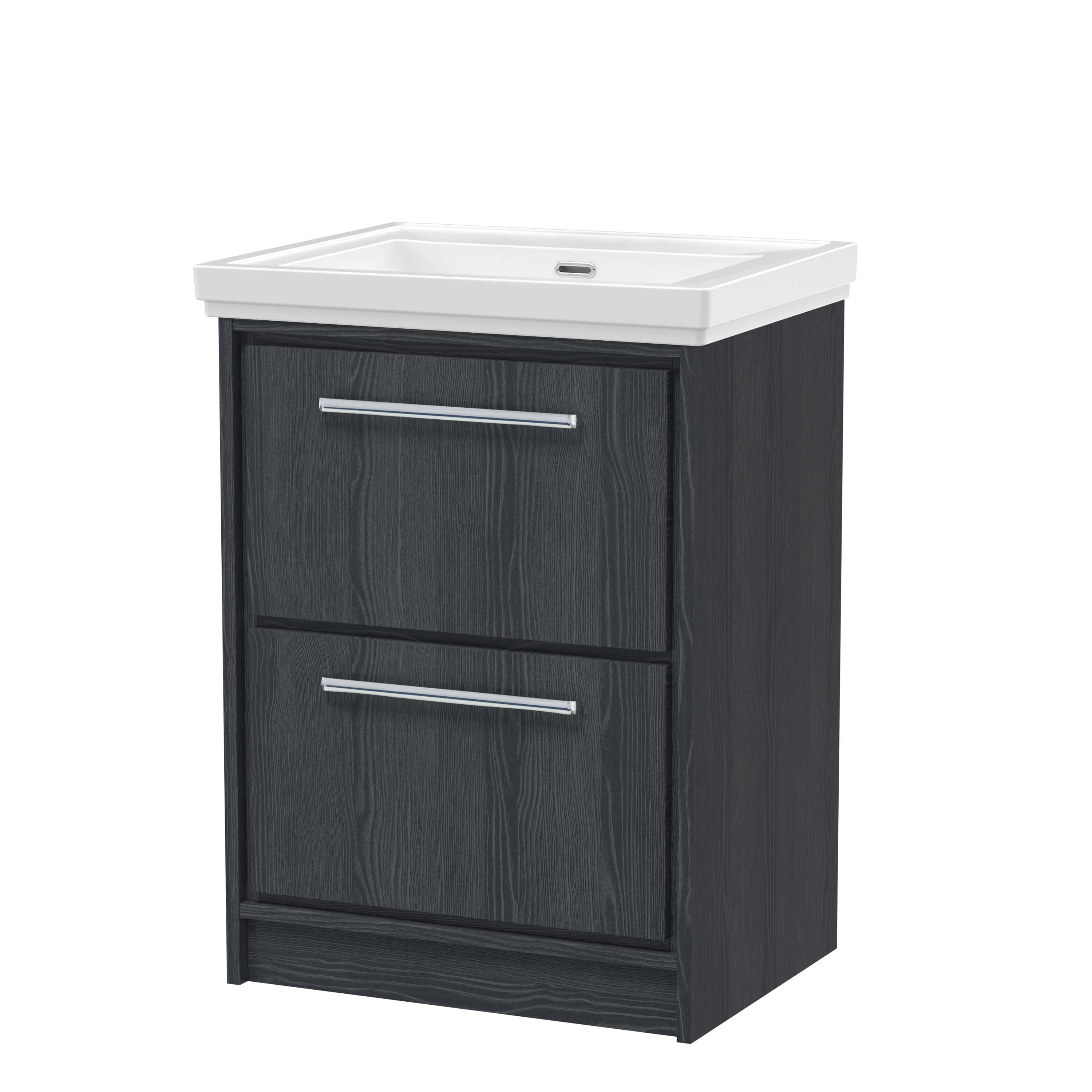 Stylish black bathroom vanity unit with a white ceramic sink, featuring modern chrome handles, ideal for contemporary bathroom storage and décor.