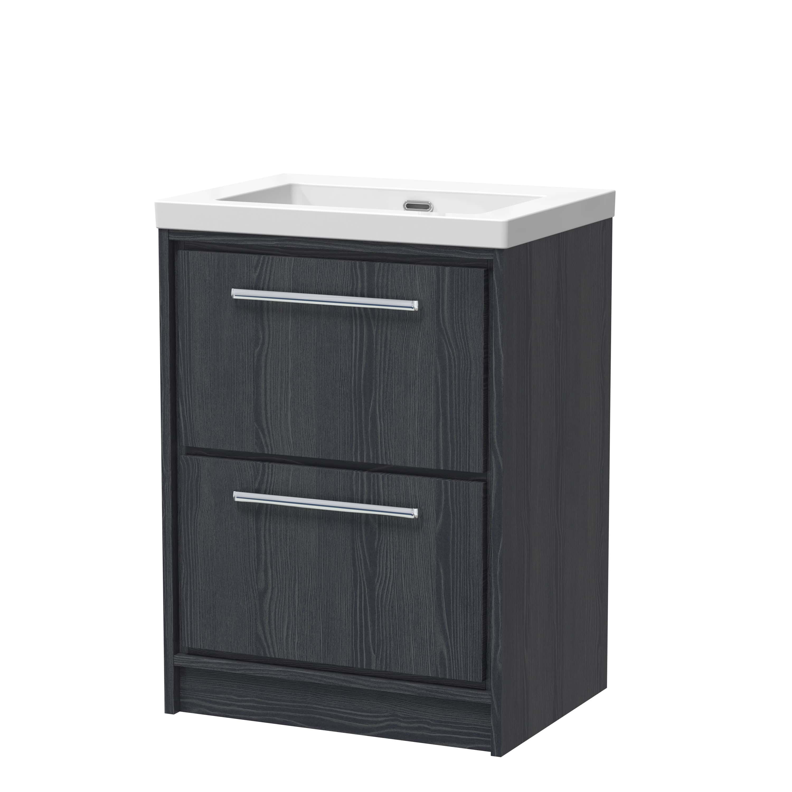 Modern black bathroom vanity with integrated ceramic sink and sleek silver handles. Perfect for contemporary bathroom decor and practical storage.