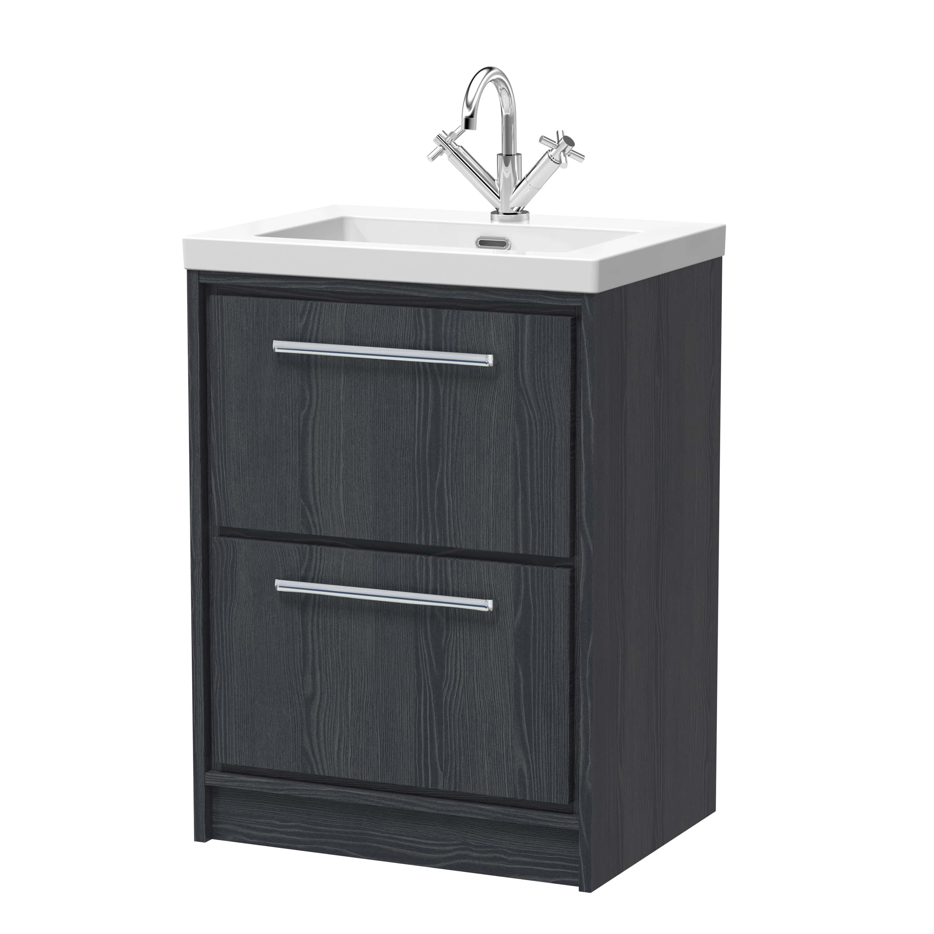 Modern black bathroom vanity with integrated sink and chrome faucet, ideal for contemporary bathroom decor. Durable wood finish with storage drawers for bathroom essentials.