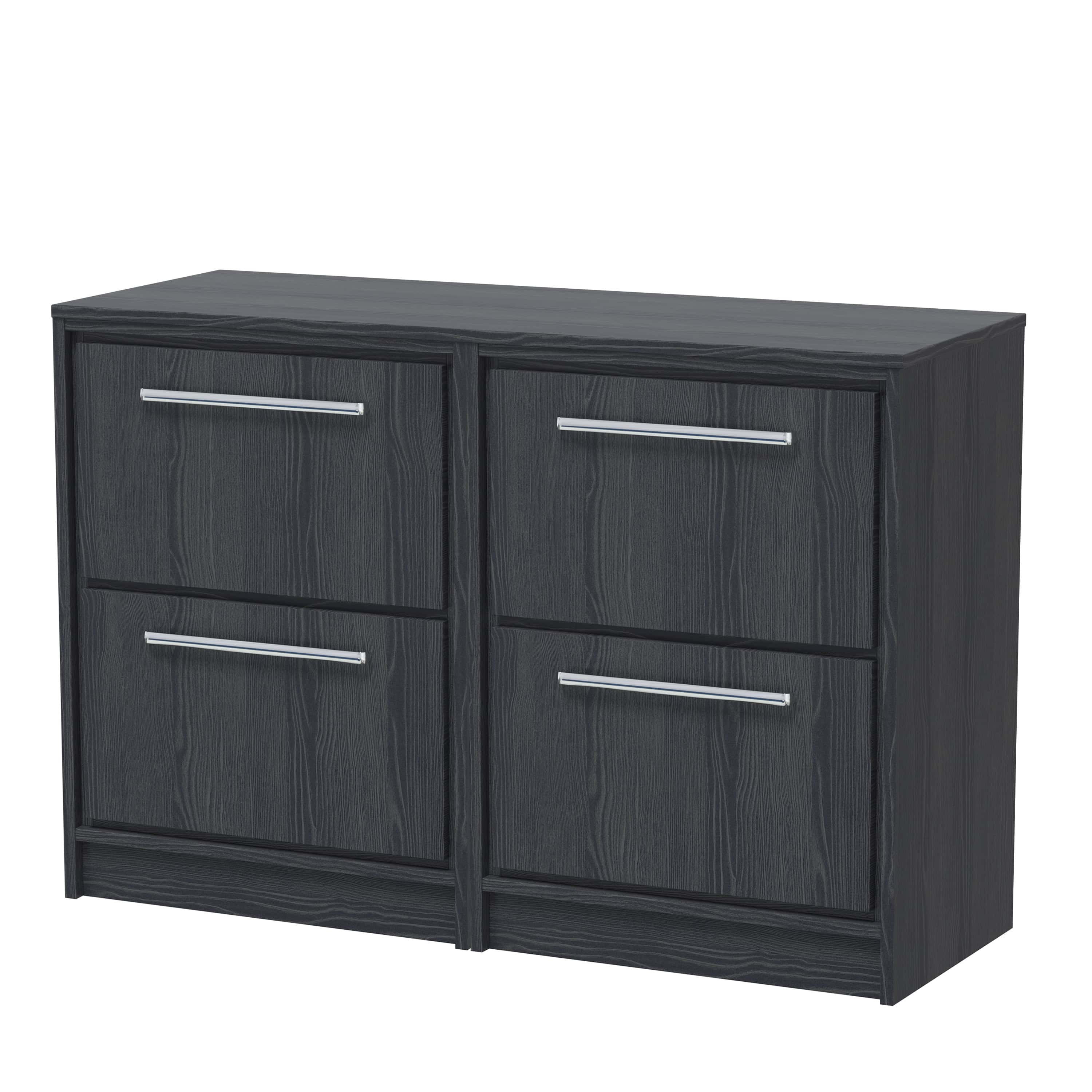 Sleek black bathroom storage cabinet with four silver handles, perfect for modern bathroom organisation and space-saving solutions.