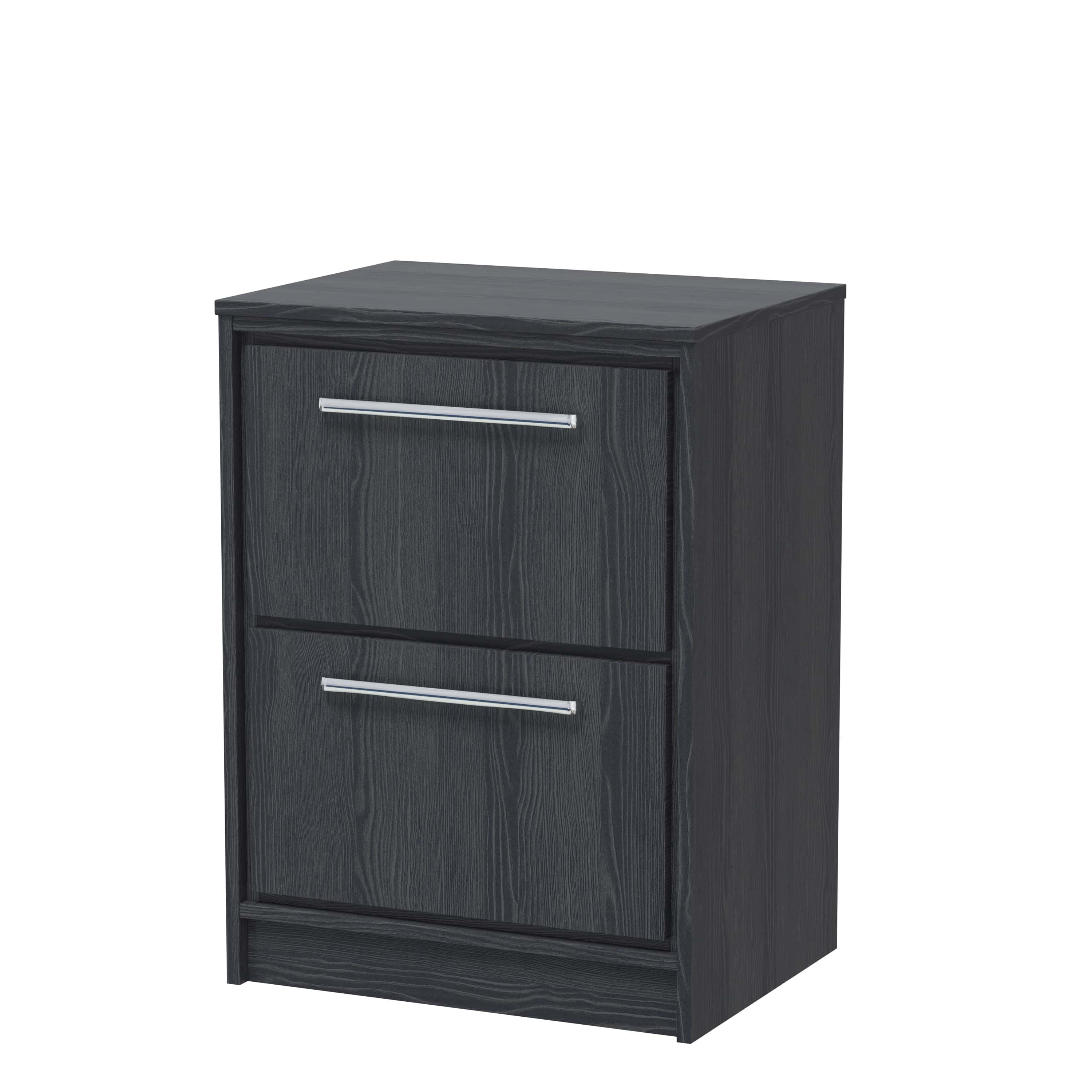 Dark grey wooden bathroom cabinet with two drawers and modern metal handles, ideal for storage space in contemporary bathrooms.
