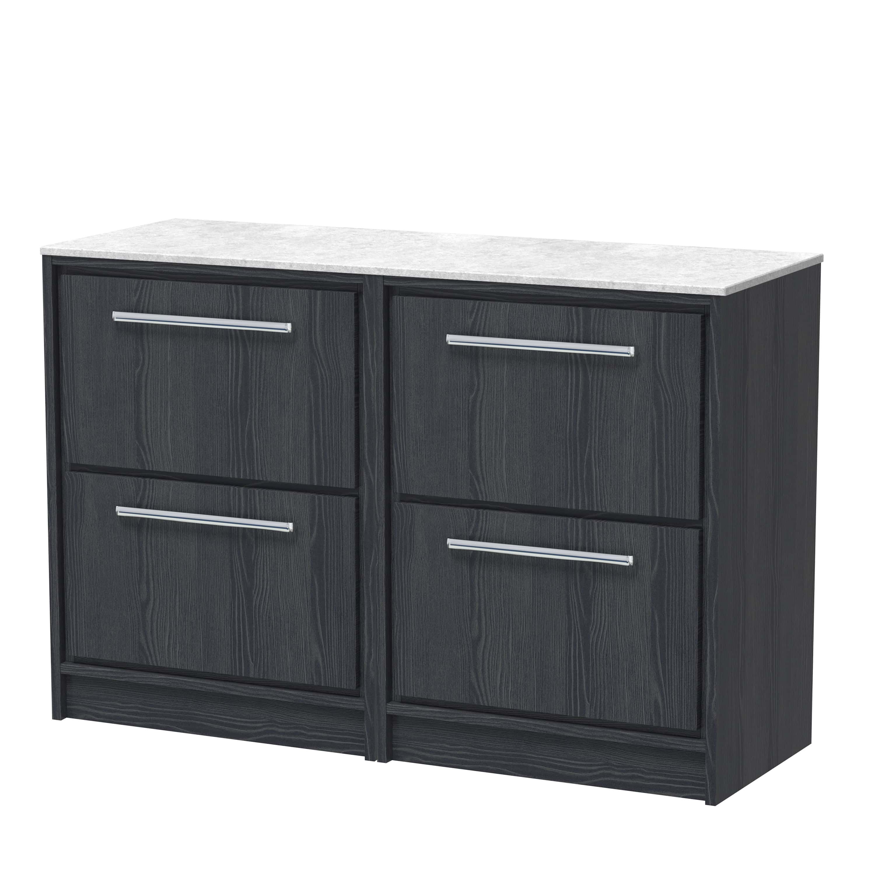 Dark grey bathroom vanity unit with a white marble top and sleek silver handles, designed for modern bathrooms.