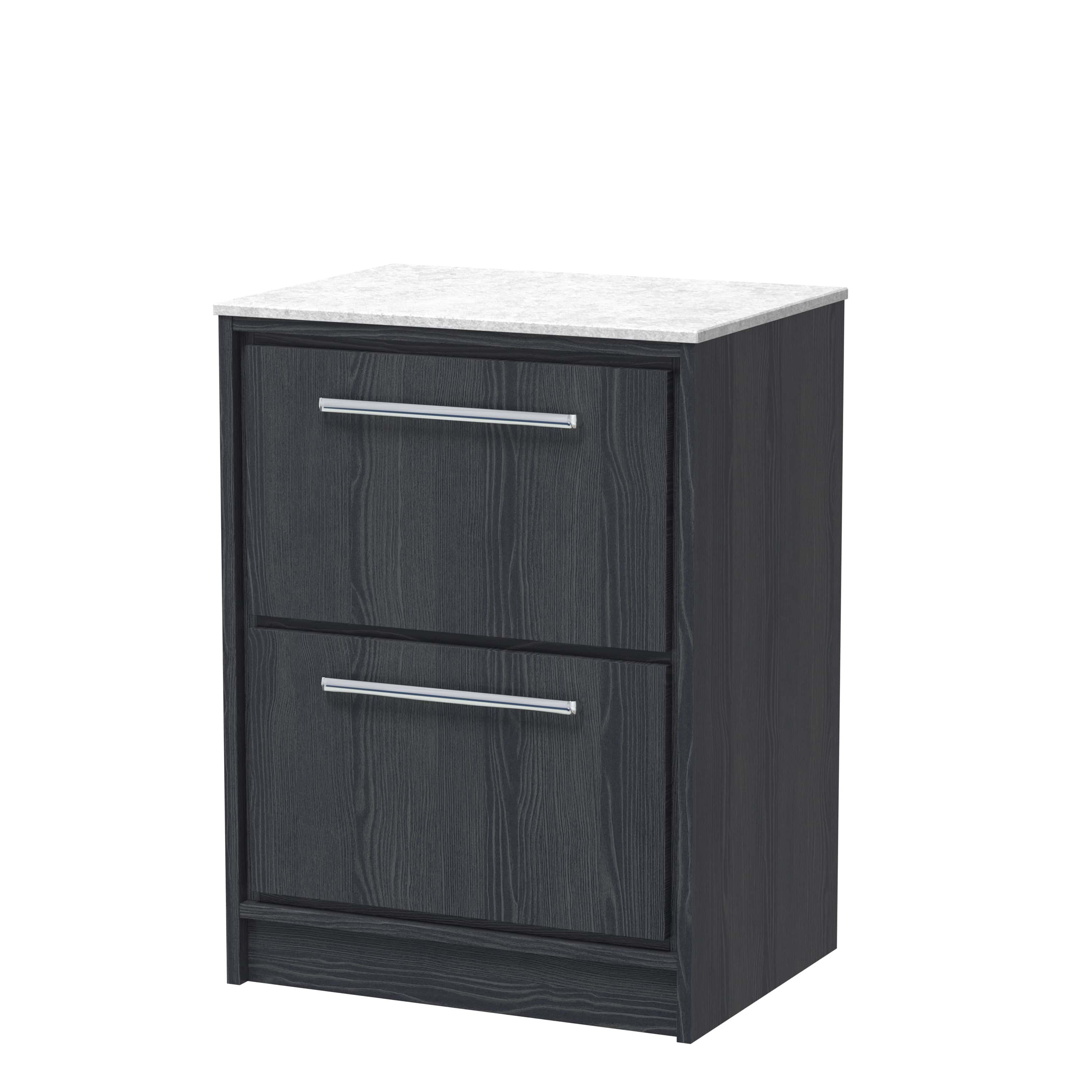 Black wooden bathroom cabinet with marble top, modern storage solution for bathrooms, durable and stylish, perfect for organising toiletries and essentials.