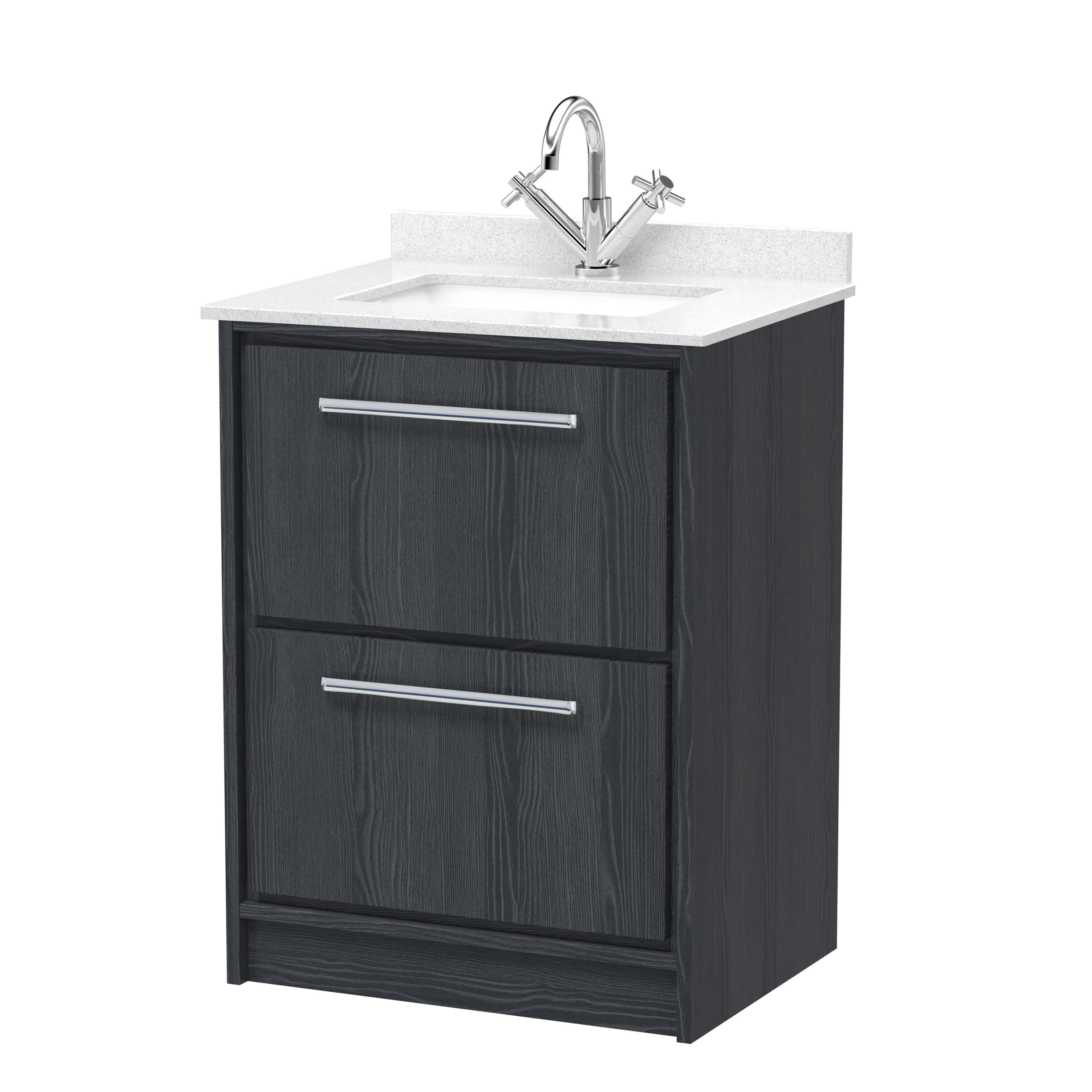Polished black bathroom vanity with integrated sink and chrome faucet, ideal for modern bathroom décor. Durable wood finish with sleek storage drawers for bathroom essentials.