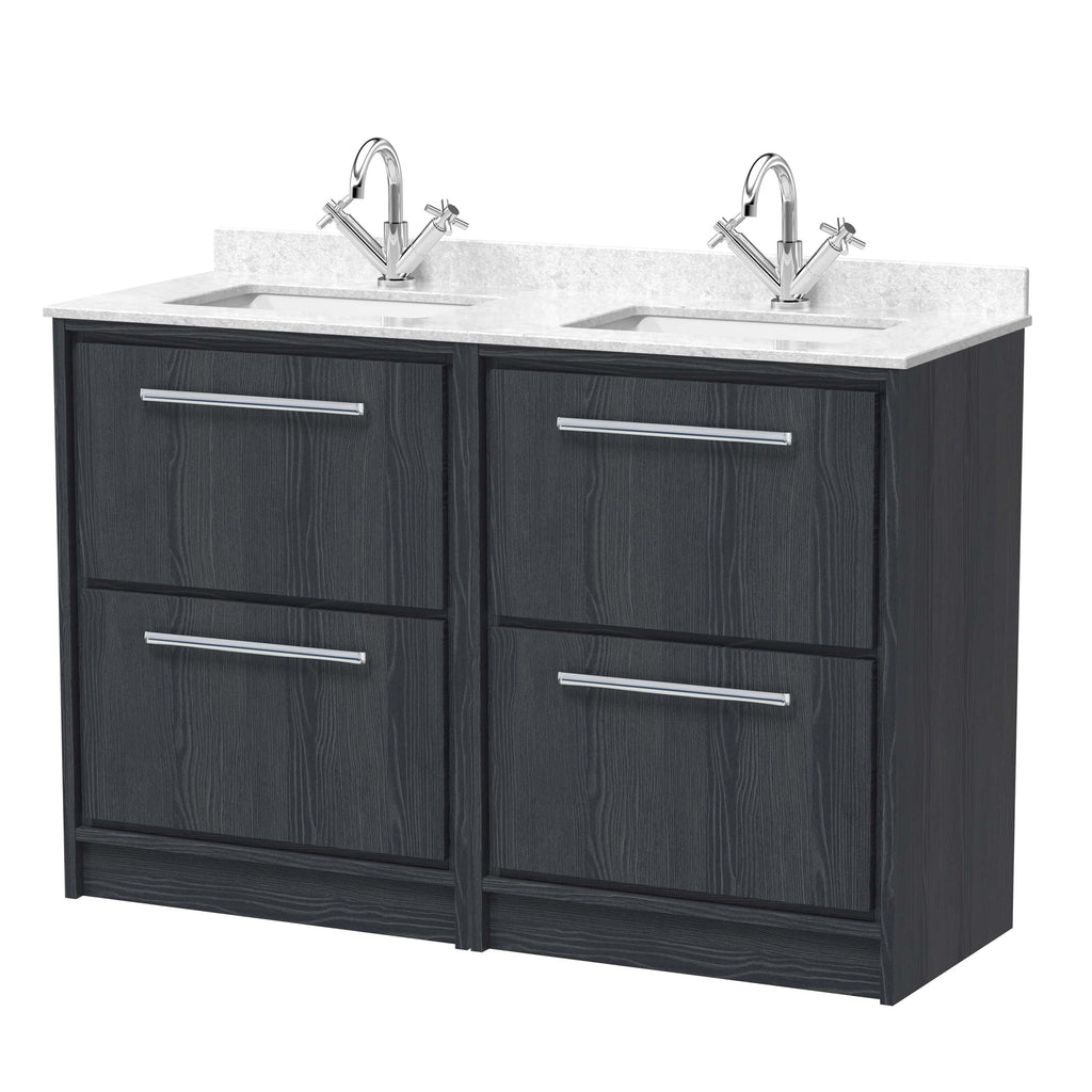 Hudson Reed Lille 4 Drawer Floorstanding Vanity Unit With Marble Top Double Basin - 1200mm Wide - 2 TH