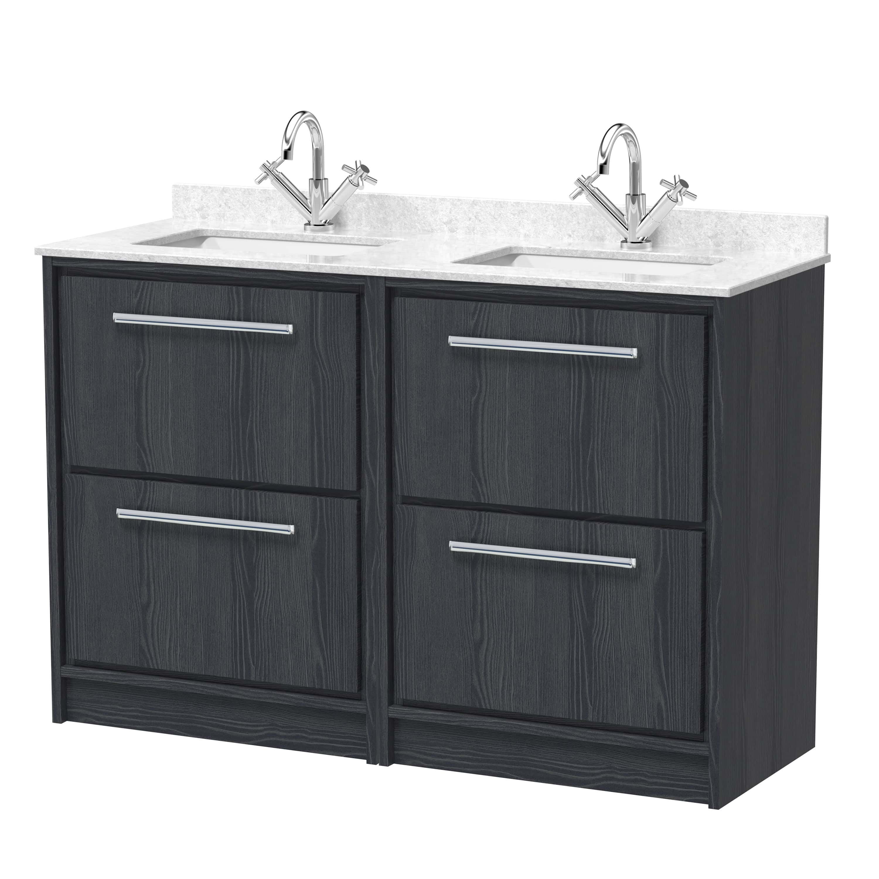Hudson Reed Lille 4 Drawer Floorstanding Vanity Unit With Marble Top Double Basin - 1200mm Wide - 2 TH