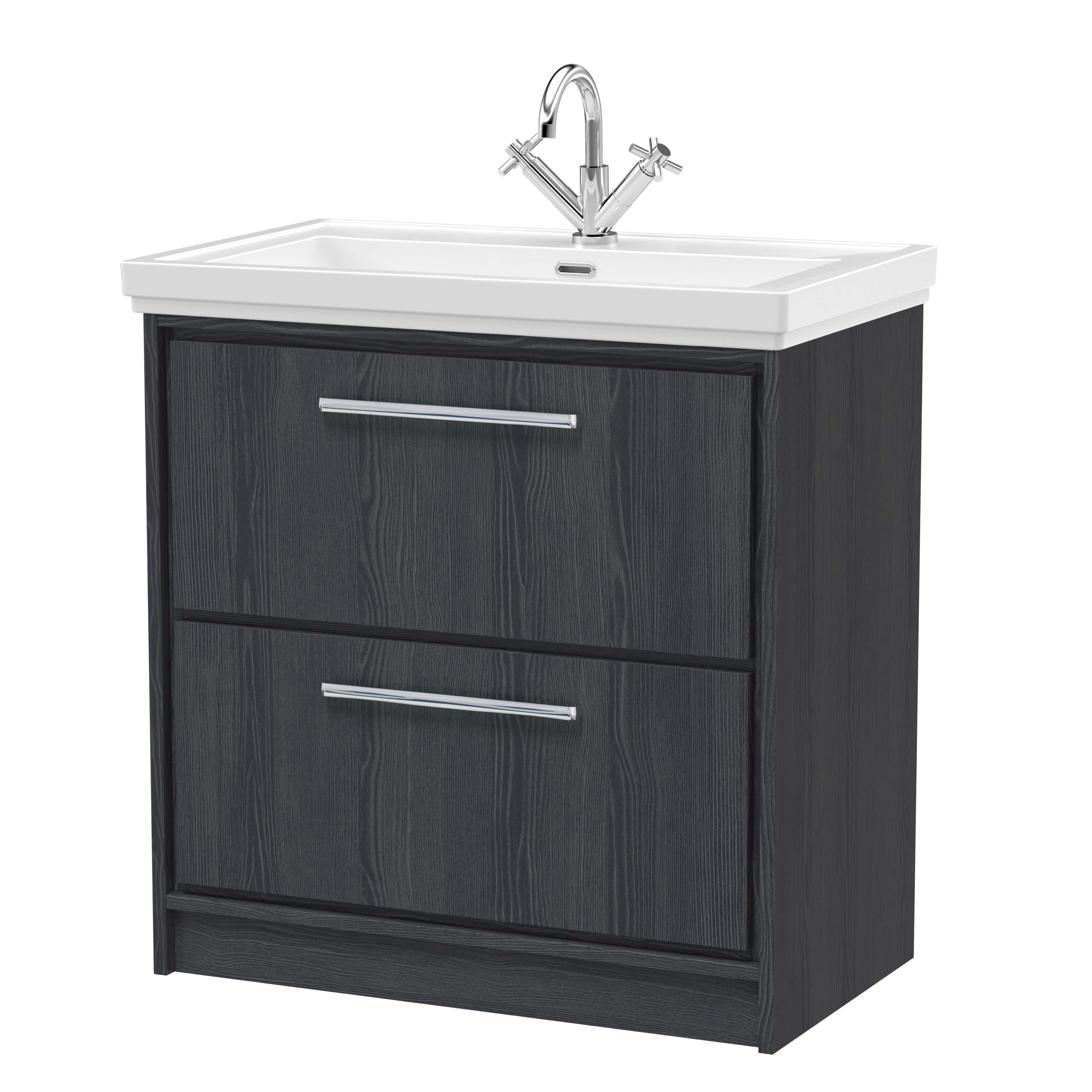 Modern bathroom vanity unit with a sleek black wood finish, integrated white ceramic sink, and chrome faucet, ideal for contemporary bathroom decor.