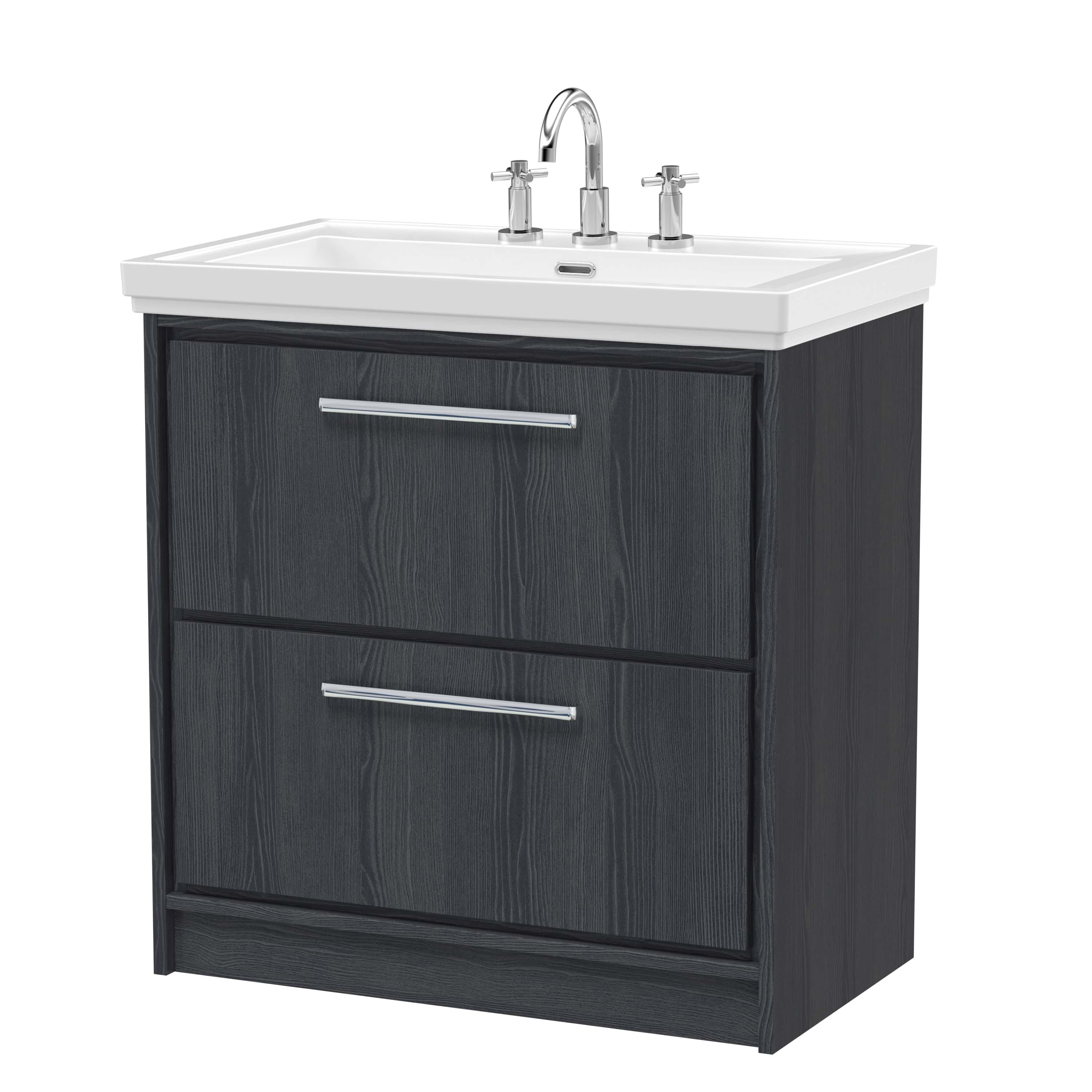 Modern black bathroom vanity with white ceramic sink and chrome-finished faucet, featuring two drawers for spacious bathroom storage, perfect for contemporary bathroom decor.
