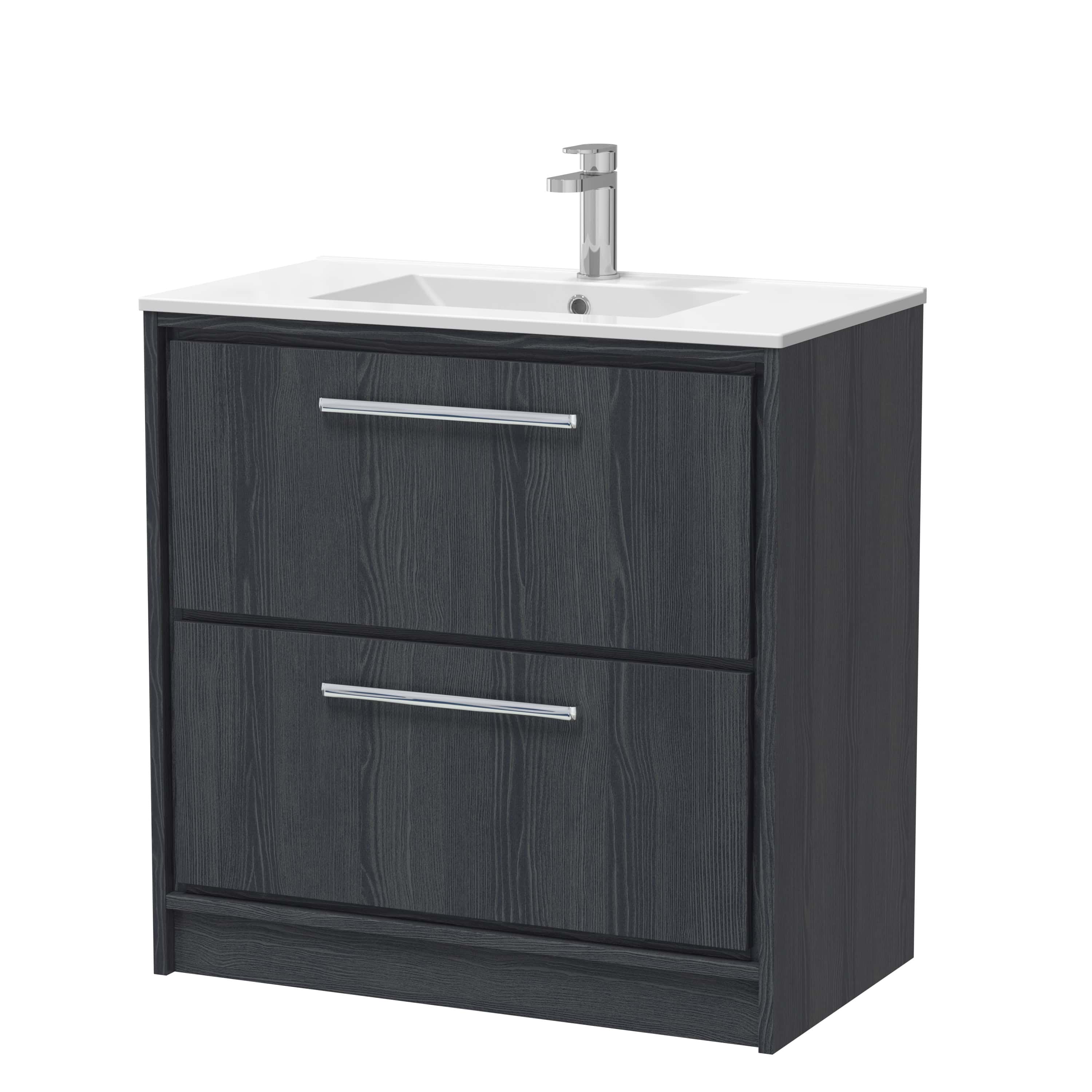 Modern black bathroom vanity with integrated sink and chrome faucet, featuring sleek double drawers for stylish and functional bathroom storage. Perfect for contemporary bathroom designs.