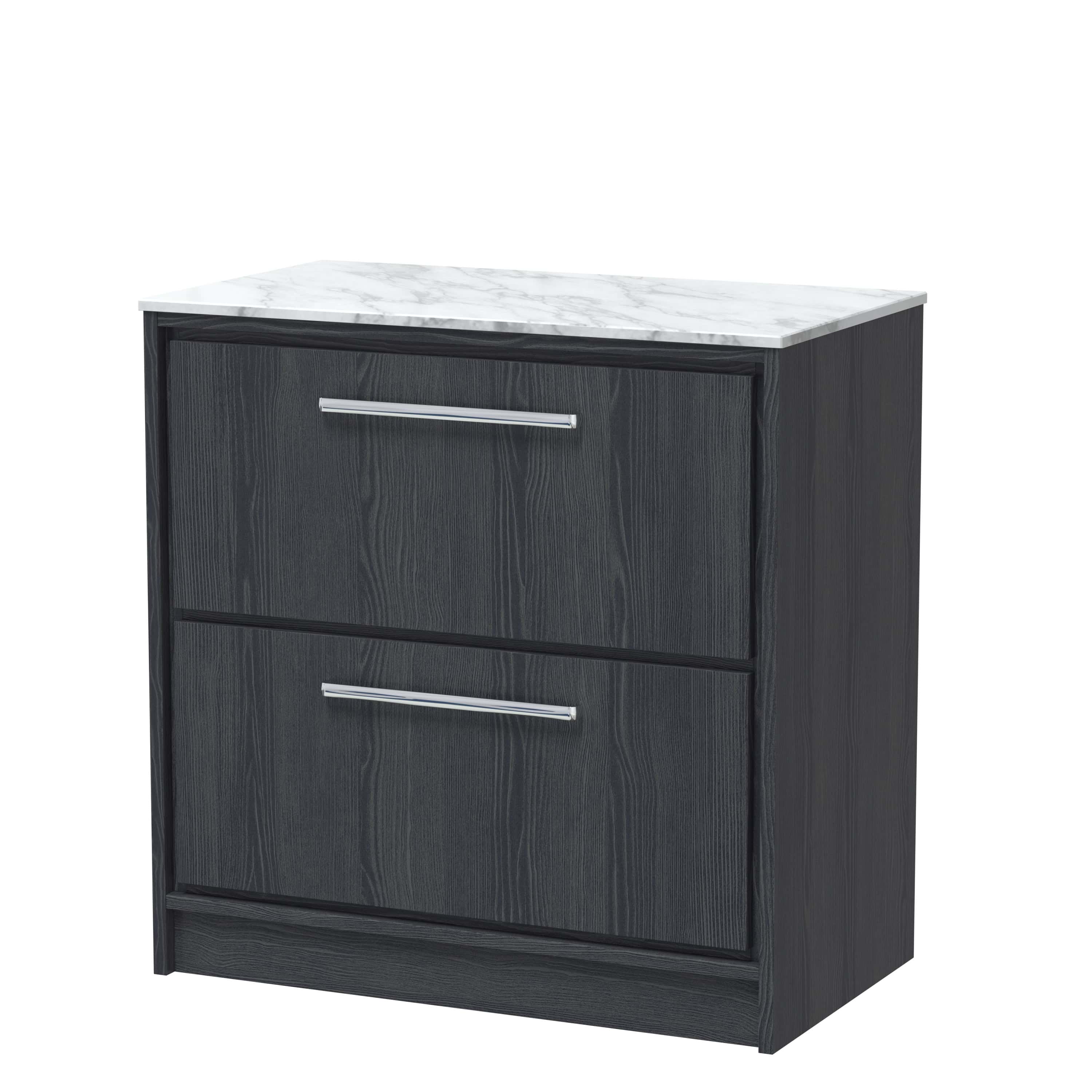 Sleek black bathroom vanity unit with a marble top, featuring two spacious drawers with modern chrome handles, ideal for contemporary bathroom storage solutions.